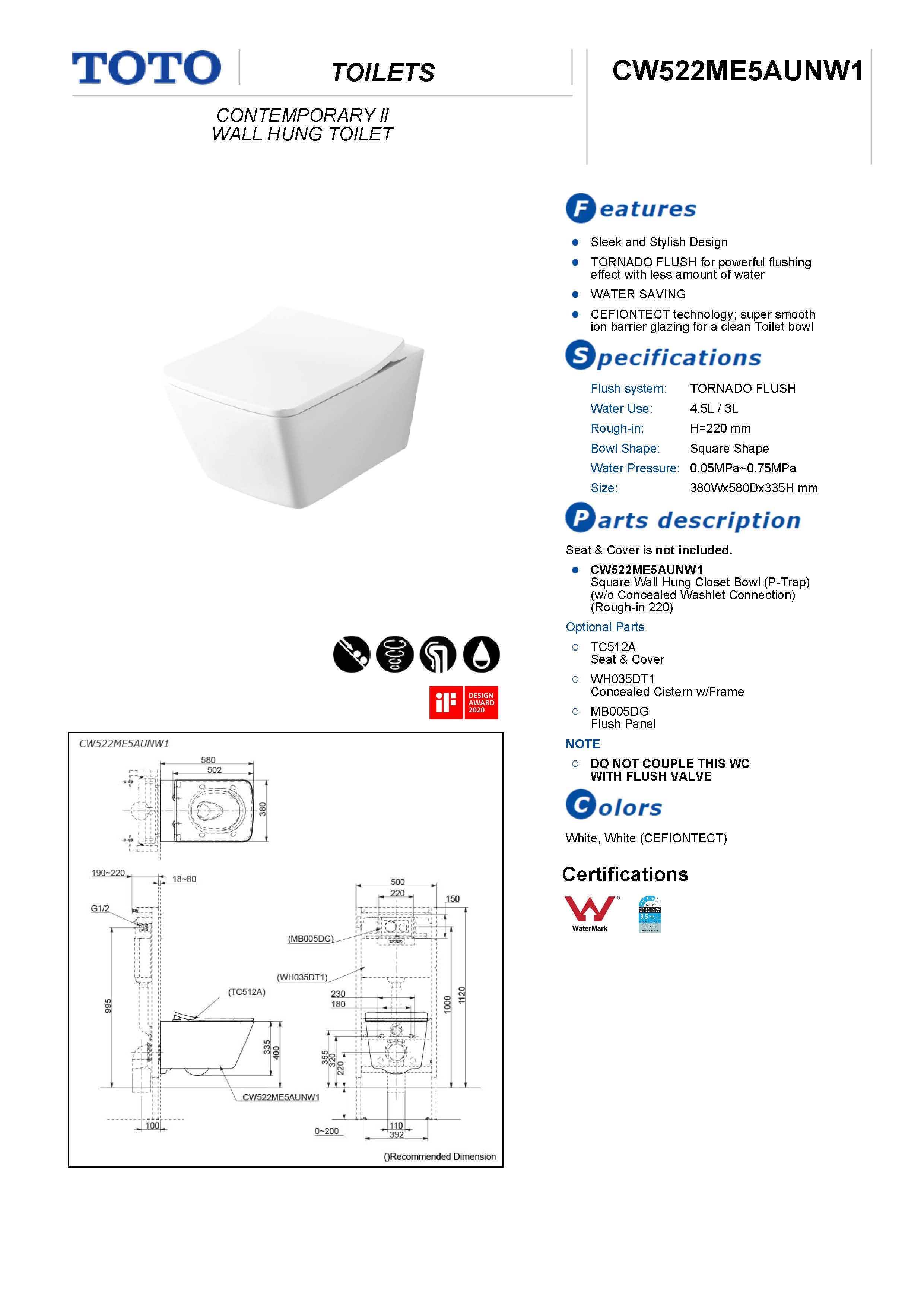 TOTO CONTEMPORARY II WALL HUNG TOILET (SQUARE SHAPE) GLOSS WHITE
