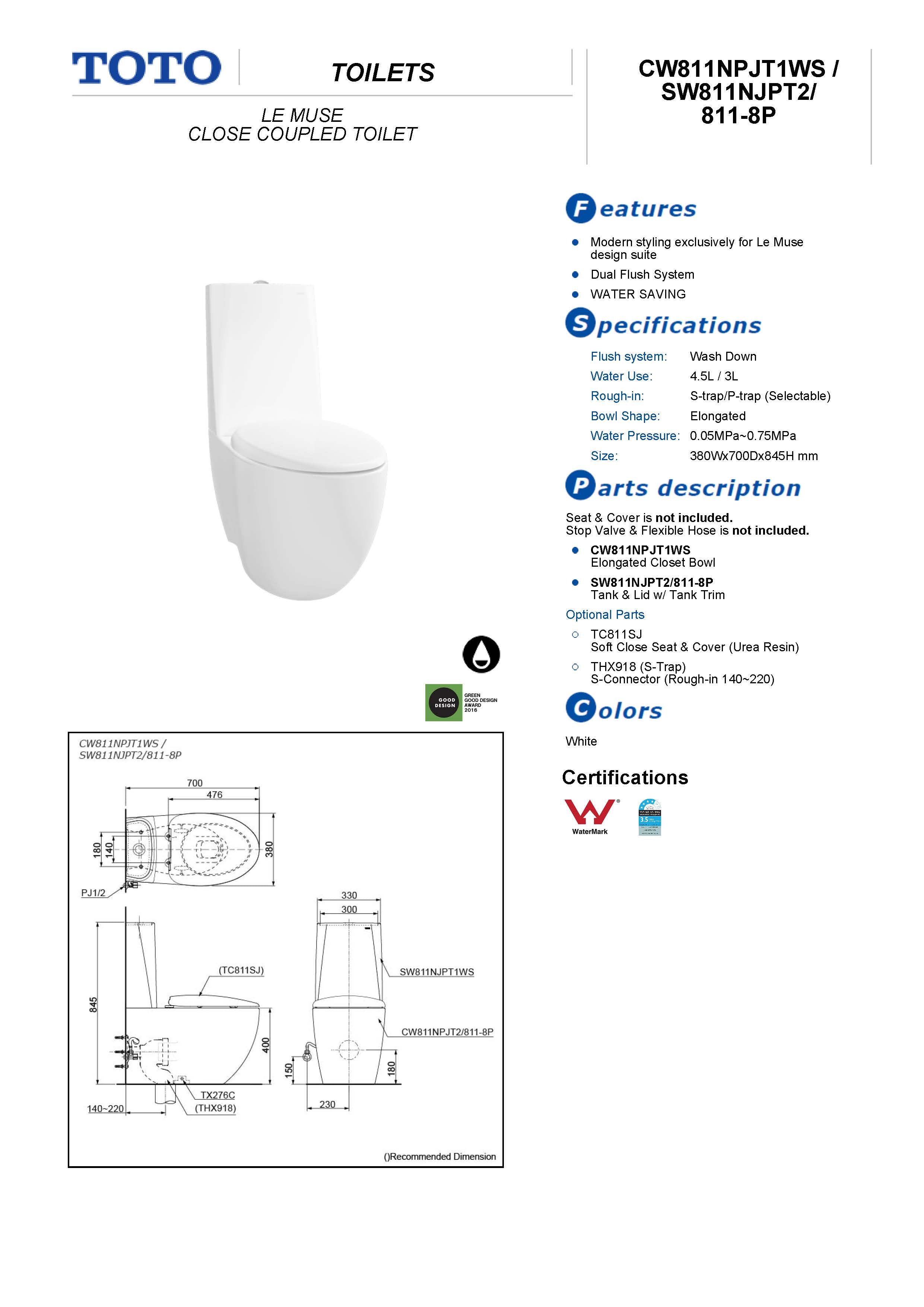 TOTO LE MUSE CLOSE COUPLED TOILET GLOSS WHITE