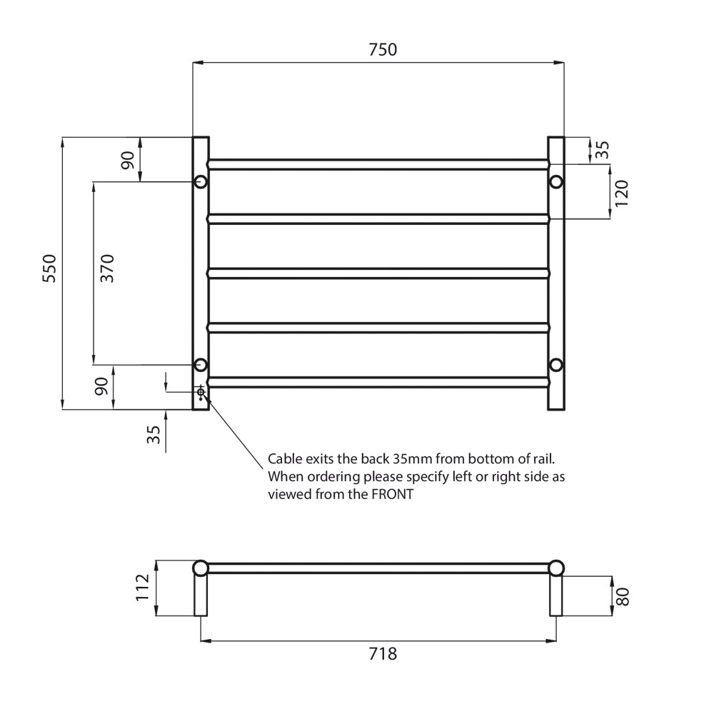 RADIANT HEATING 5-BARS ROUND HEATED TOWEL RAIL MIRROR POLISHED 750MM