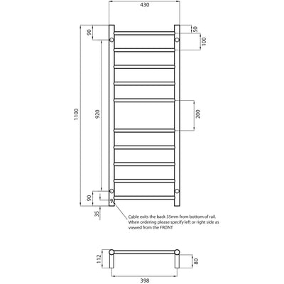 RADIANT HEATING 10-BARS ROUND HEATED TOWEL RAIL BRUSHED SATIN 80WATTS 430MM