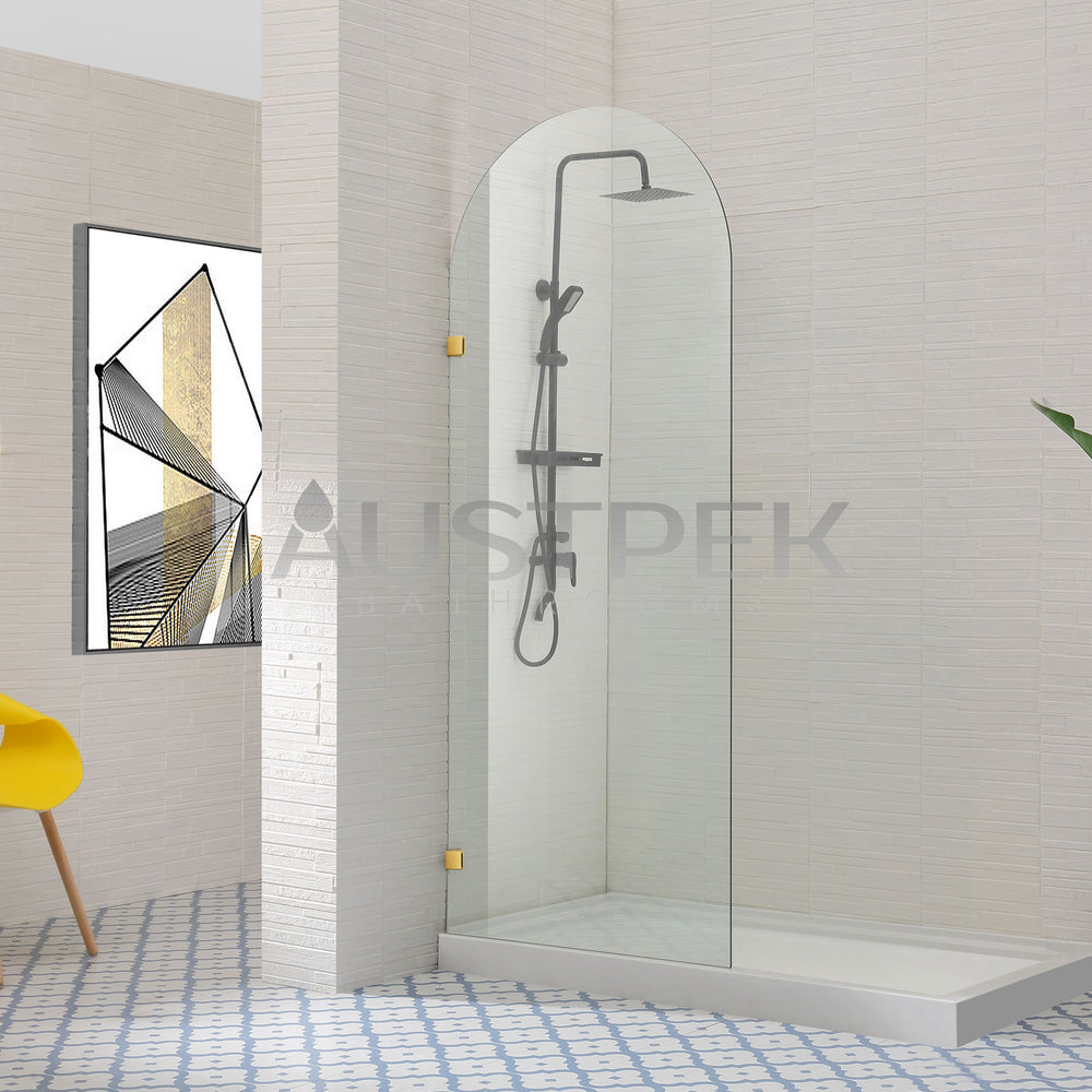 COVEY FRAMELESS ARCH WALK IN SINGLE FIX PANEL SHOWER SCREEN BRUSHED GOLD