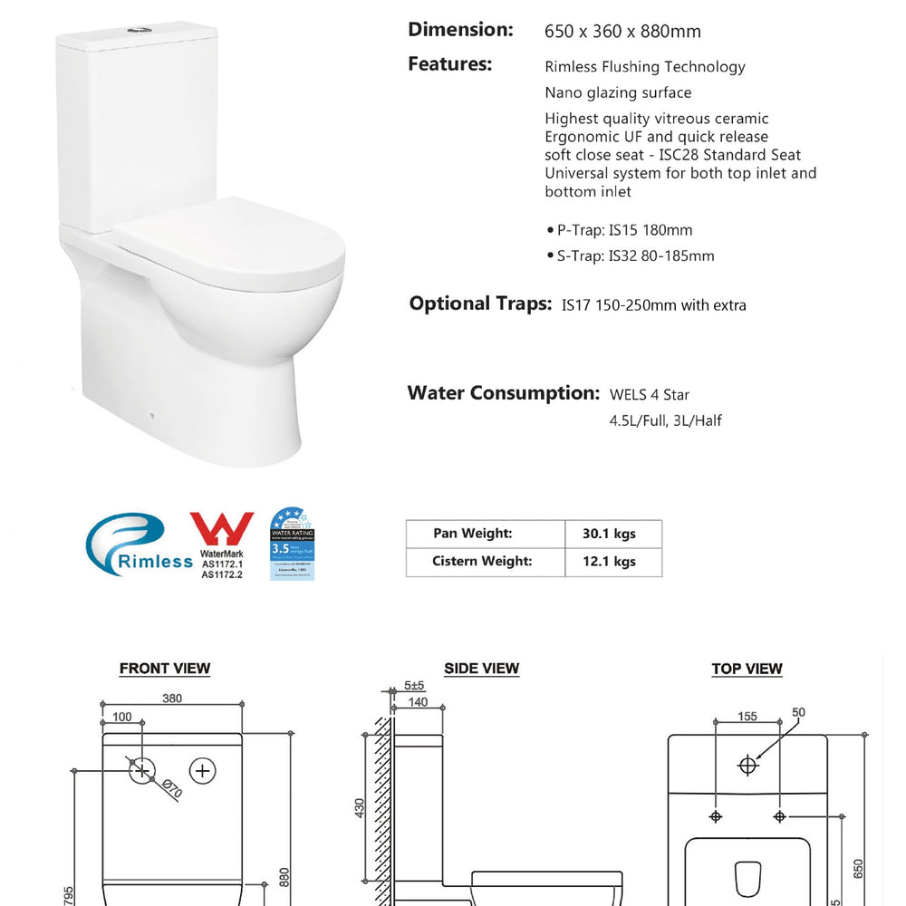 INSPIRE BELLA BACK TO WALL RIMLESS TOILET SUITE GLOSS WHITE