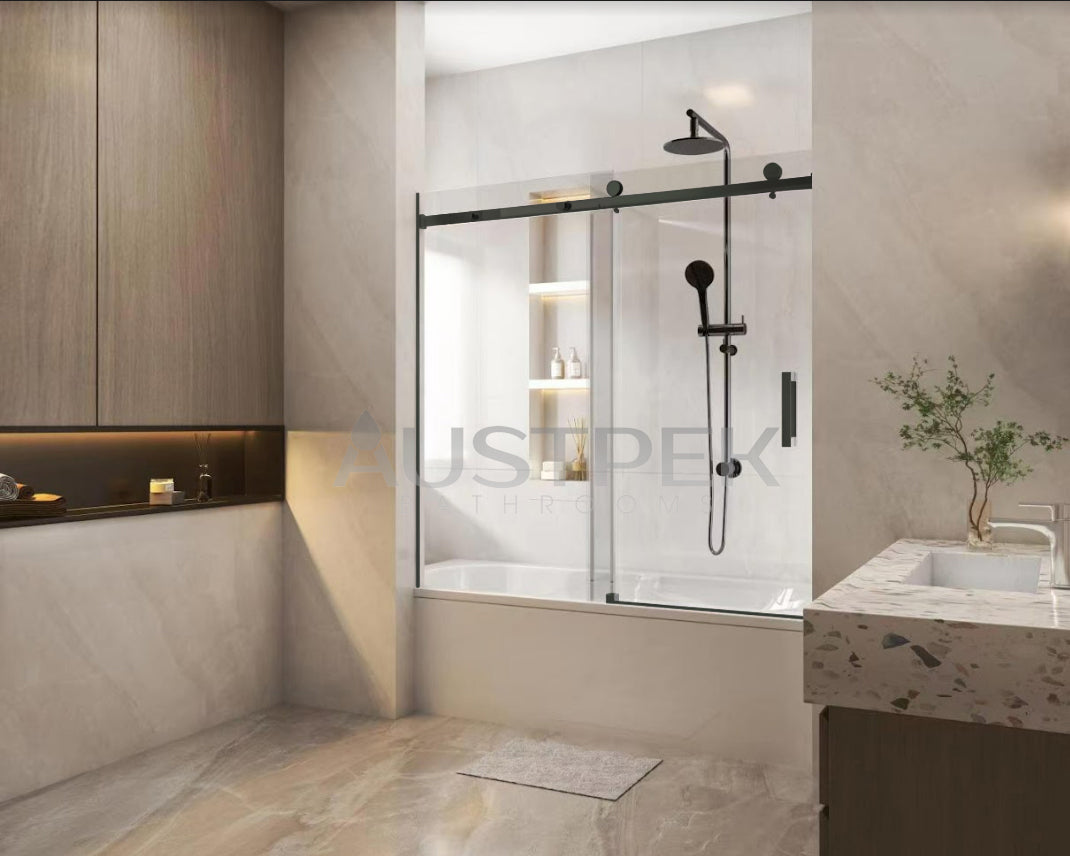 COVEY WALL TO WALL FRAMELESS SINGLE SLIDING DOOR BATH SCREEN GUN METAL GREY