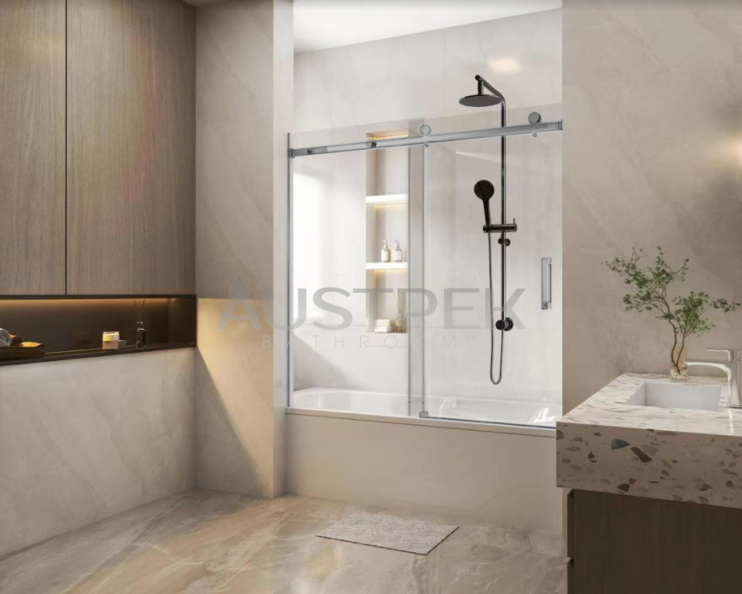 COVEY WALL TO WALL FRAMELESS SINGLE SLIDING DOOR BATH SCREEN BRUSHED NICKEL