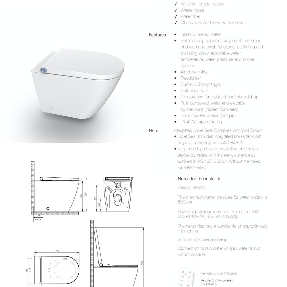 GALLARIA ALTA COMFORT RIMLESS WALL FACE PAN AND REMOTE BIDET PACKAGE GLOSS WHITE