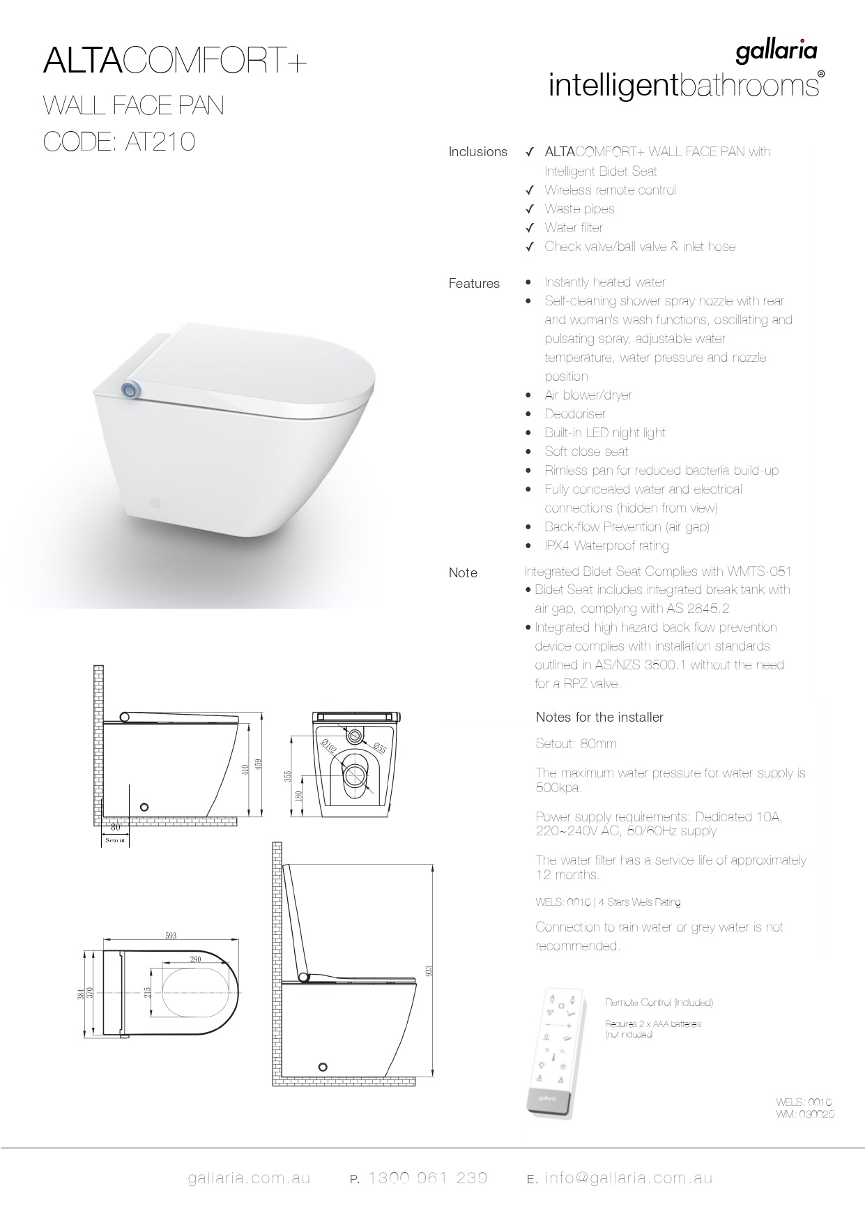 GALLARIA ALTA COMFORT RIMLESS WALL FACE PAN AND REMOTE BIDET PACKAGE GLOSS WHITE