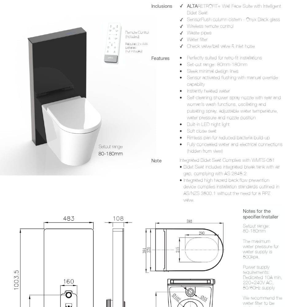 GALLARIA BLACK ALTARETROFIT RIMLESS WALL FACE PAN AND REMOTE BIDET PACKAGE GLOSS WHITE