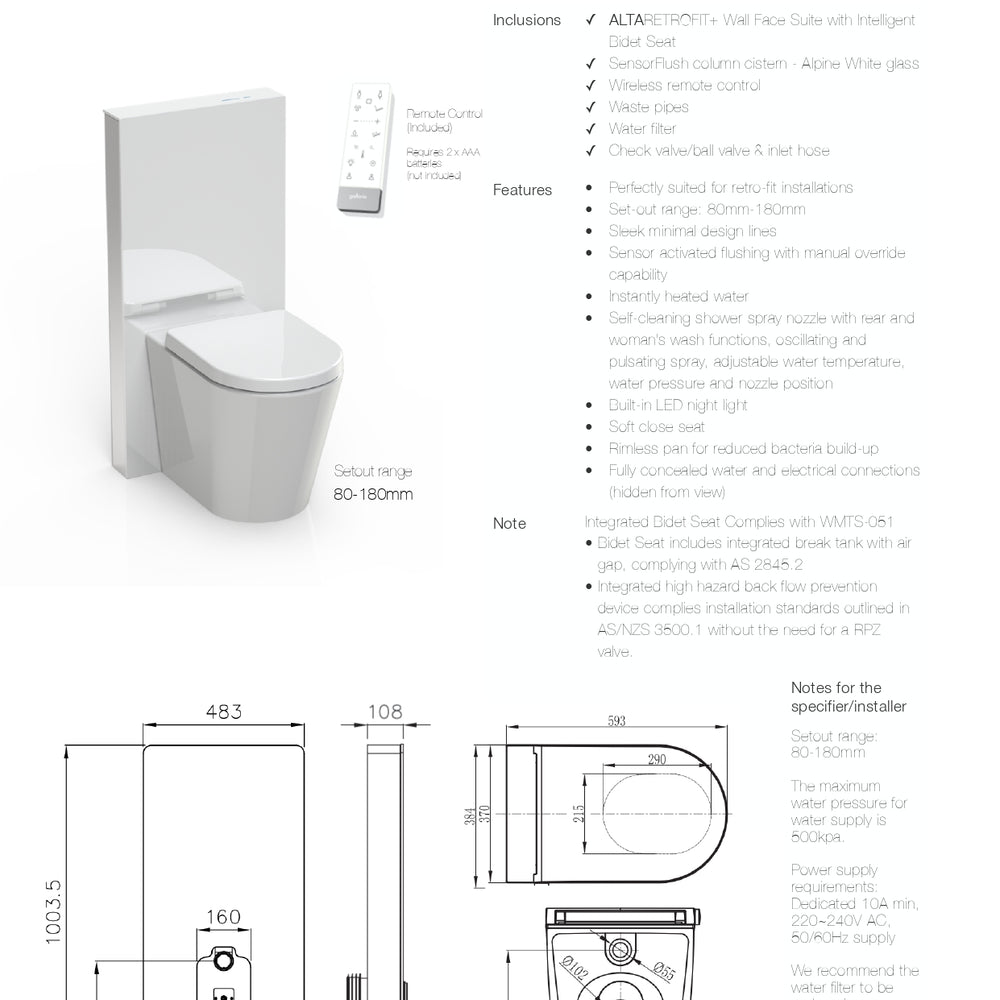 GALLARIA WHITE ALTARETROFIT RIMLESS WALL FACE PAN AND REMOTE BIDET PACKAGE GLOSS WHITE