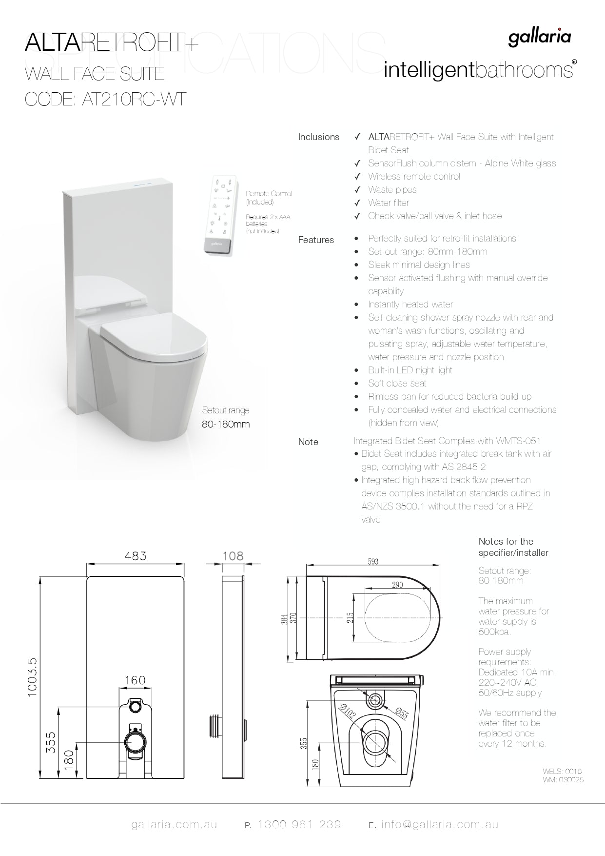 GALLARIA WHITE ALTARETROFIT RIMLESS WALL FACE PAN AND REMOTE WASHLET PACKAGE GLOSS WHITE