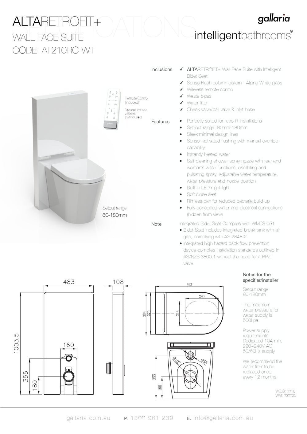 GALLARIA WHITE ALTARETROFIT RIMLESS WALL FACE PAN AND REMOTE BIDET PACKAGE GLOSS WHITE