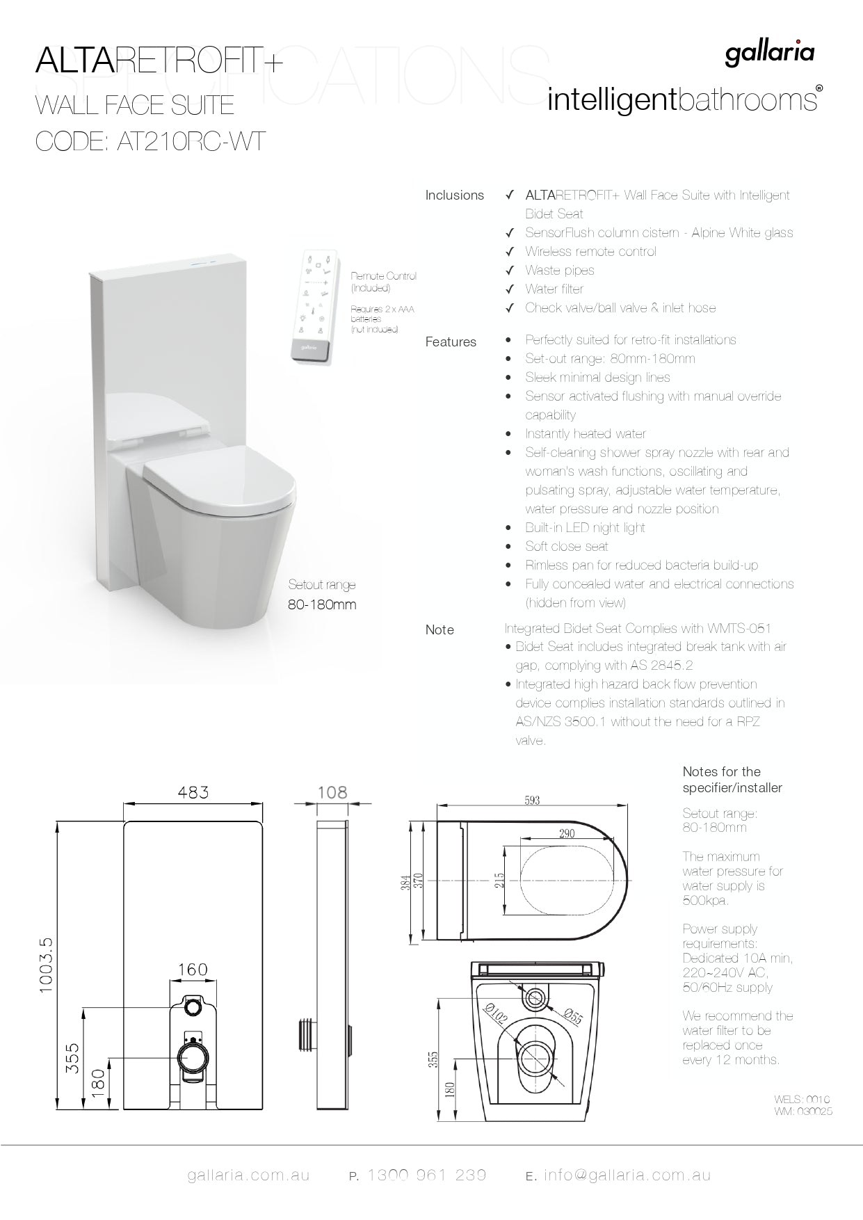 GALLARIA WHITE ALTARETROFIT RIMLESS WALL FACE PAN AND REMOTE BIDET PACKAGE GLOSS WHITE