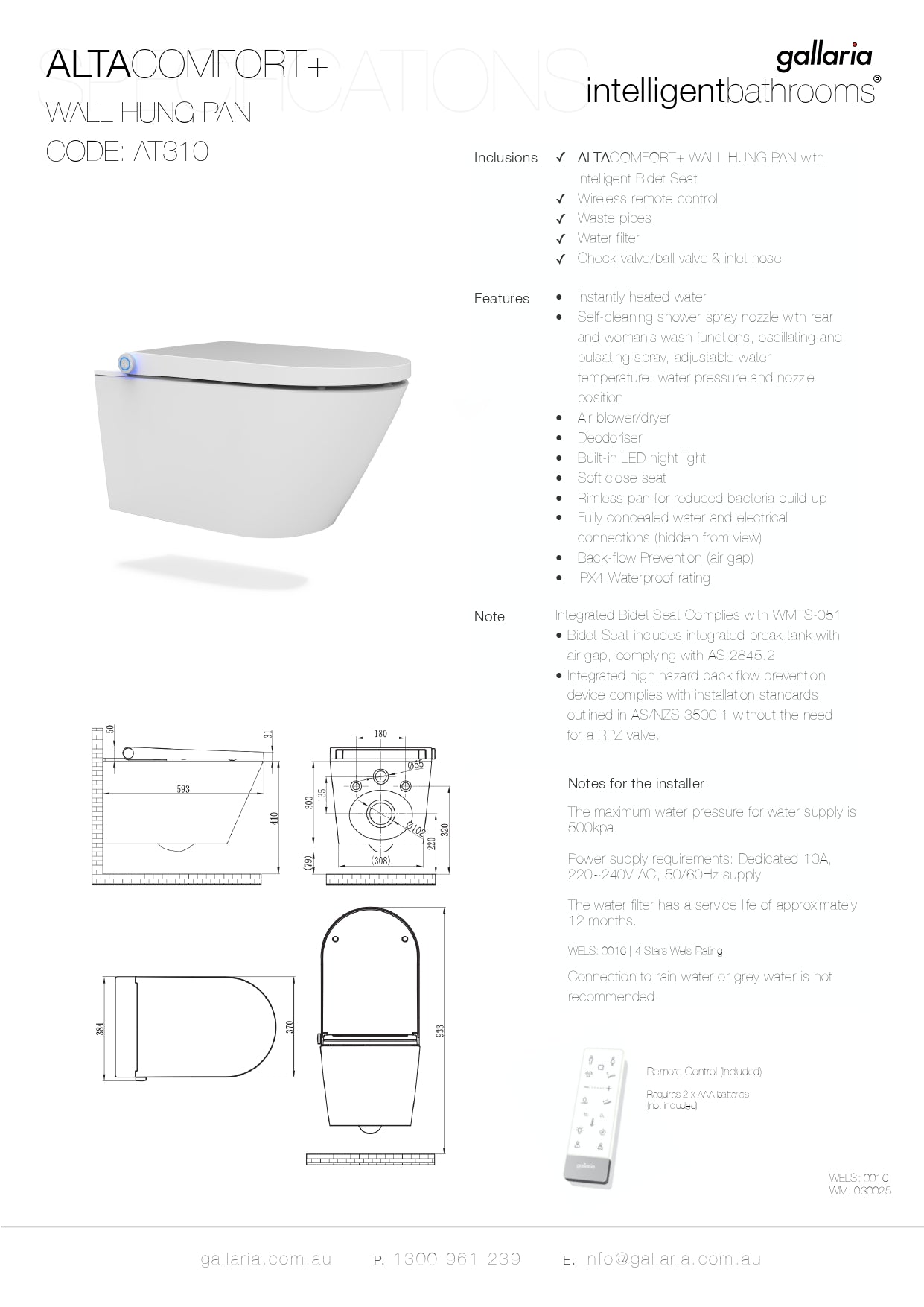 GALLARIA ALTA COMFORT RIMLESS WALL HUNG PAN AND REMOTE BIDET PACKAGE GLOSS WHITE