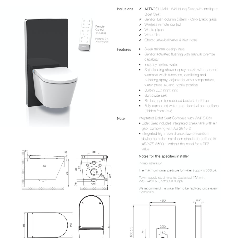GALLARIA BLACK ALTACOLUMN RIMLESS WALL HUNG PAN AND REMOTE BIDET PACKAGE GLOSS WHITE