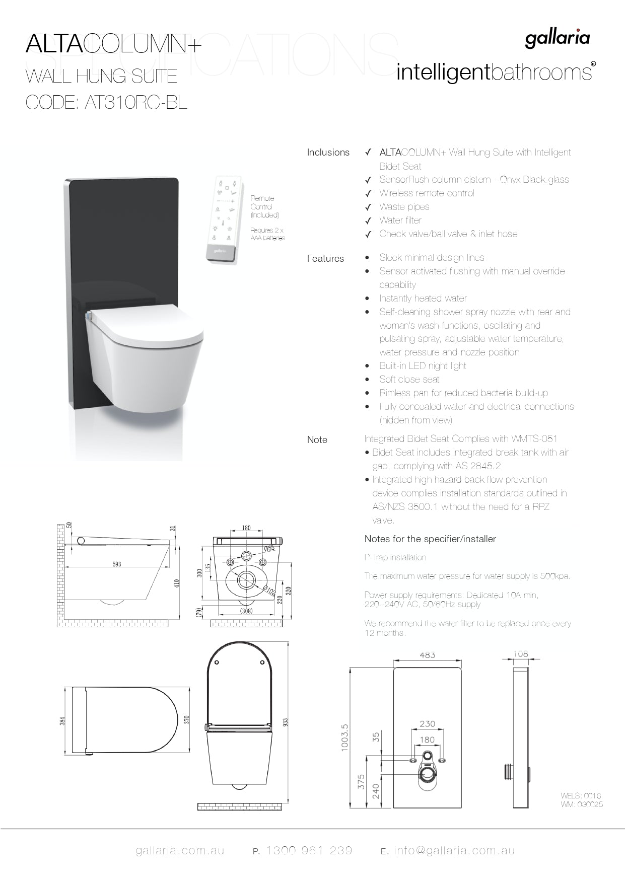 GALLARIA BLACK ALTACOLUMN RIMLESS WALL HUNG PAN AND REMOTE BIDET PACKAGE GLOSS WHITE