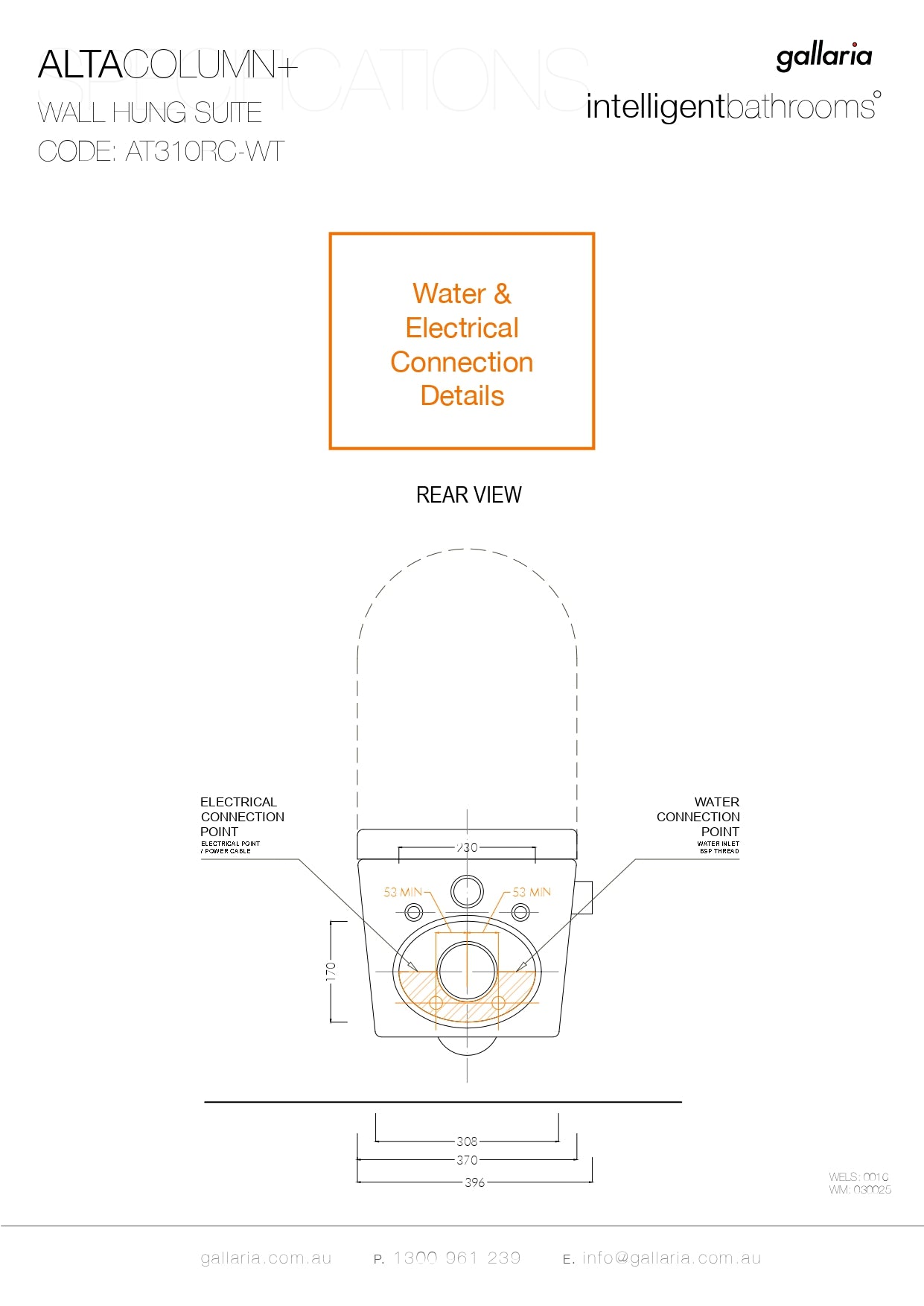 GALLARIA WHITE ALTACOLUMN RIMLESS WALL HUNG PAN AND REMOTE BIDET PACKAGE GLOSS WHITE