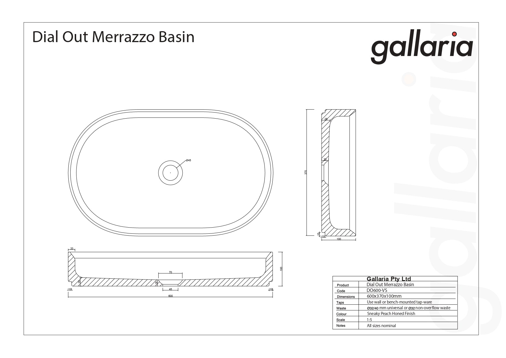GALLARIA DIAL OUT MERRAZZO OVAL ABOVE COUNTER STONE BASIN SNEAKY PEACH 600MM