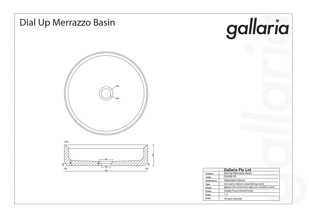 GALLARIA DIAL UP MERRAZZO ROUND ABOVE COUNTER STONE BASIN SNEAKY PEACH 400MM