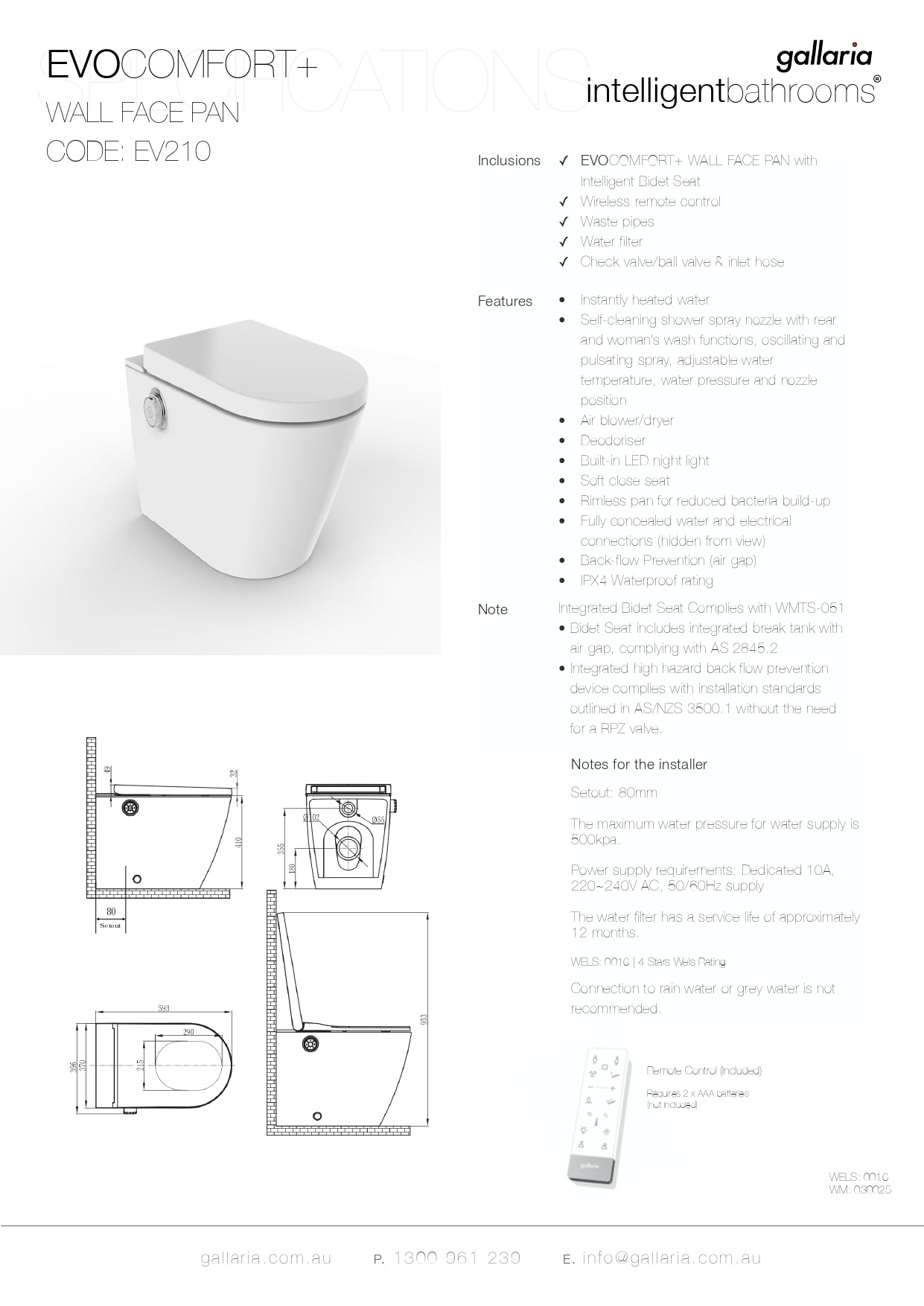 GALLARIA EVO COMFORT RIMLESS WALL FACE PAN AND REMOTE BIDET PACKAGE GLOSS WHITE