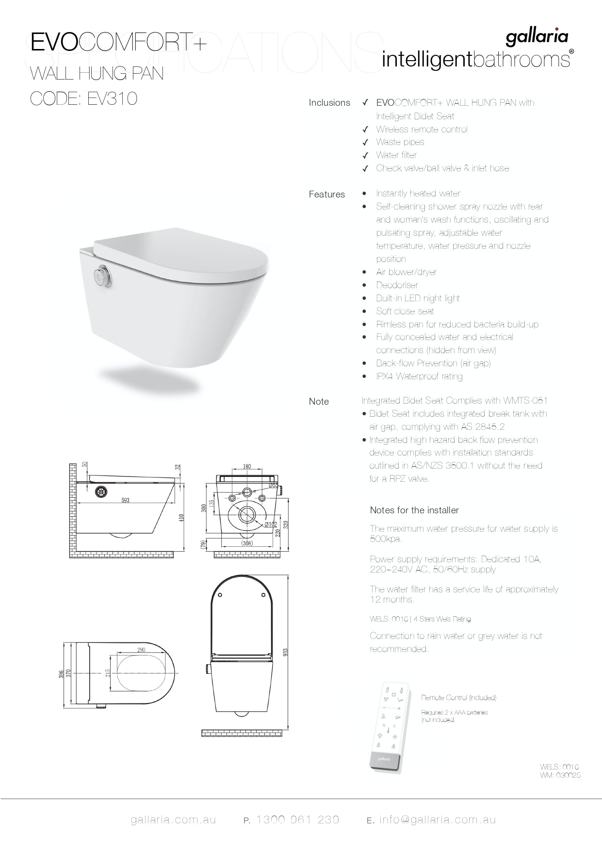 GALLARIA EVO COMFORT RIMLESS WALL HUNG PAN AND REMOTE BIDET PACKAGE GLOSS WHITE