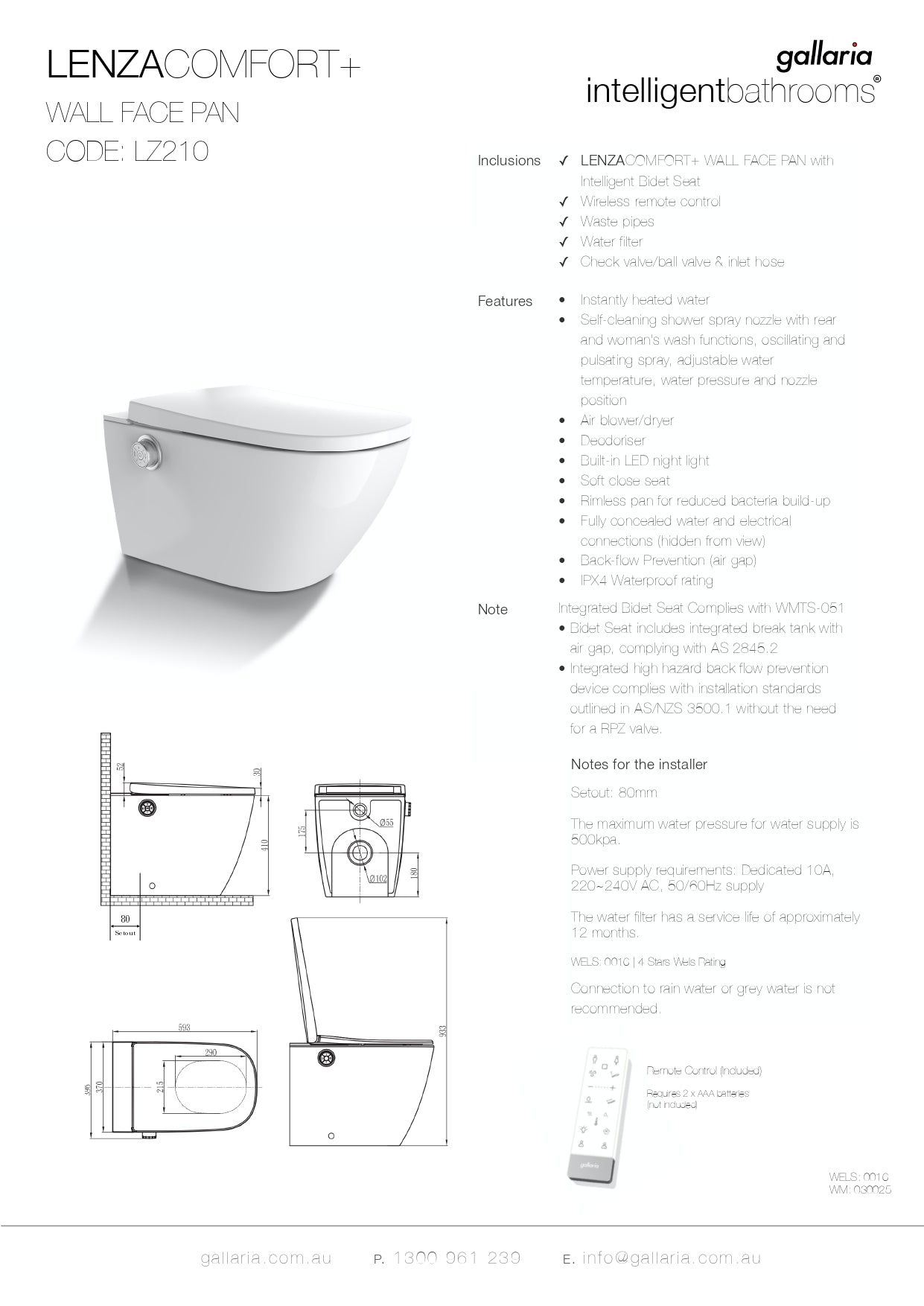 GALLARIA LENZA COMFORT RIMLESS WALL FACE PAN AND REMOTE BIDET PACKAGE GLOSS WHITE
