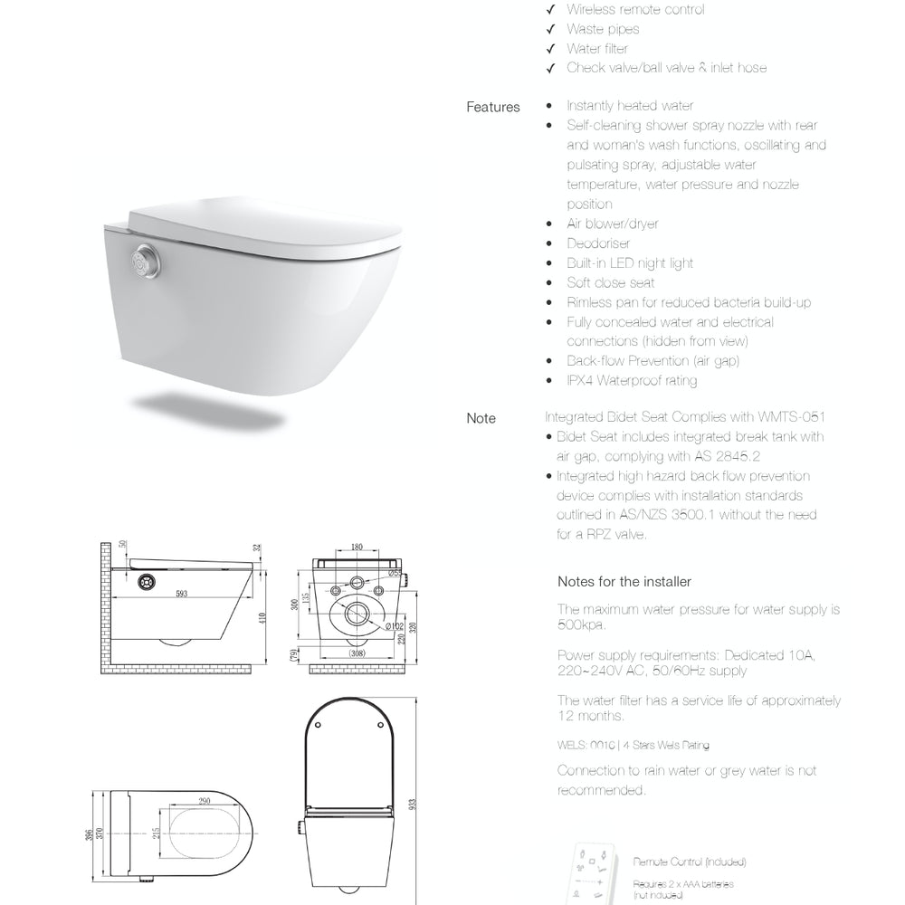 GALLARIA LENZA COMFORT RIMLESS WALL HUNG PAN AND REMOTE BIDET PACKAGE GLOSS WHITE