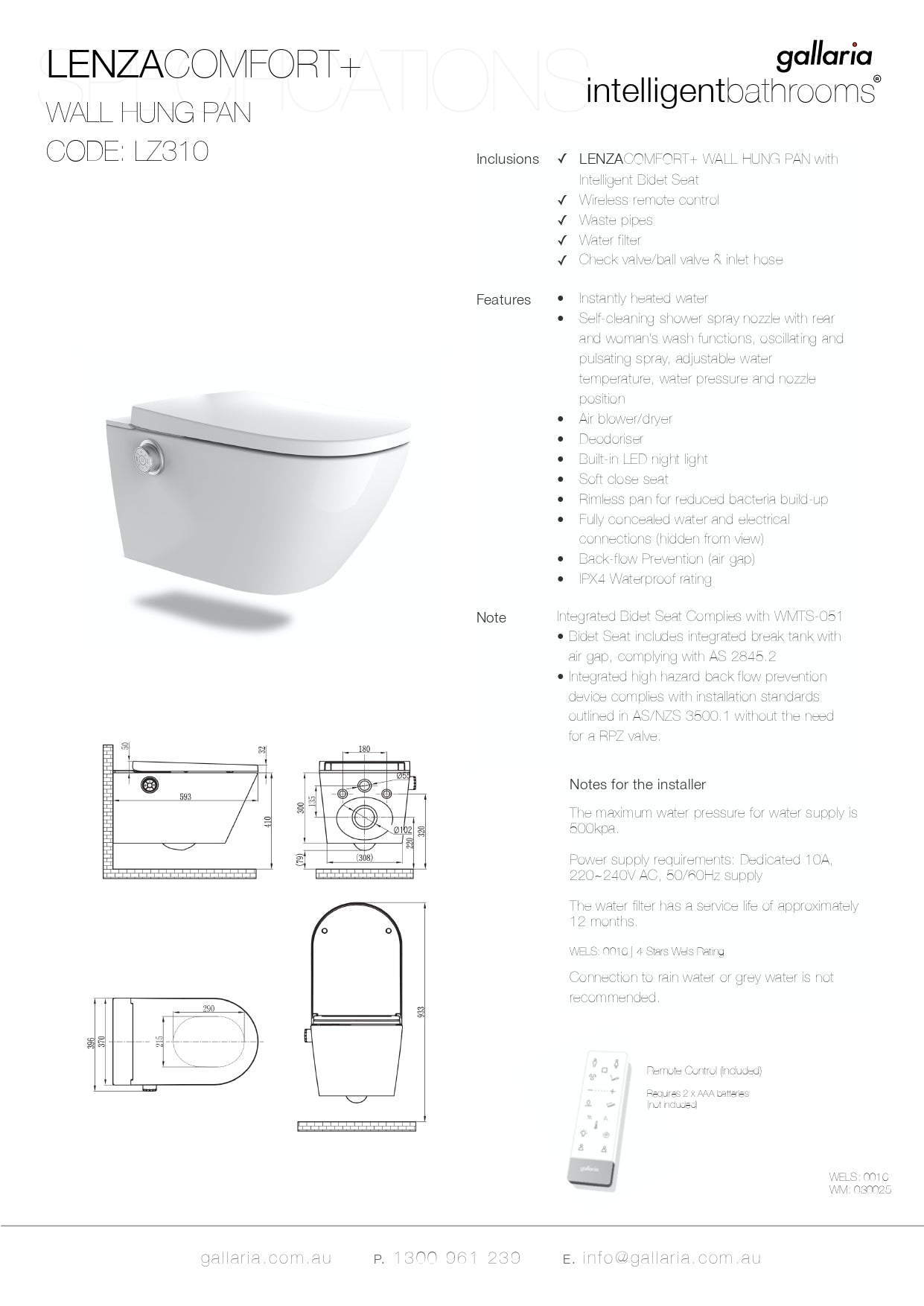 GALLARIA LENZA COMFORT RIMLESS WALL HUNG PAN AND REMOTE WASHLET PACKAGE GLOSS WHITE