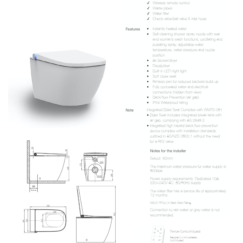 GALLARIA OMNI COMFORT RIMLESS WALL FACE PAN AND REMOTE BIDET PACKAGE GLOSS WHITE