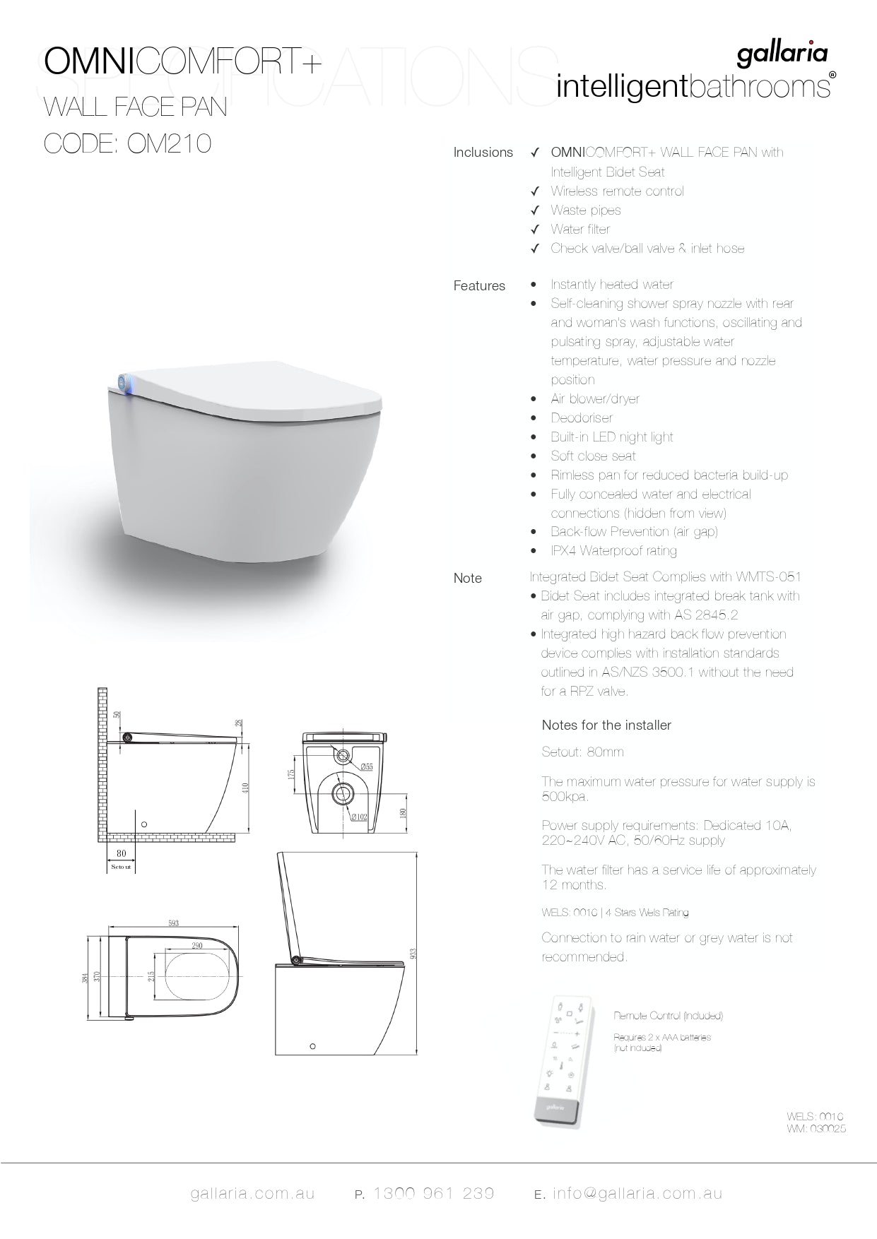 GALLARIA OMNI COMFORT RIMLESS WALL FACE PAN AND REMOTE BIDET PACKAGE GLOSS WHITE