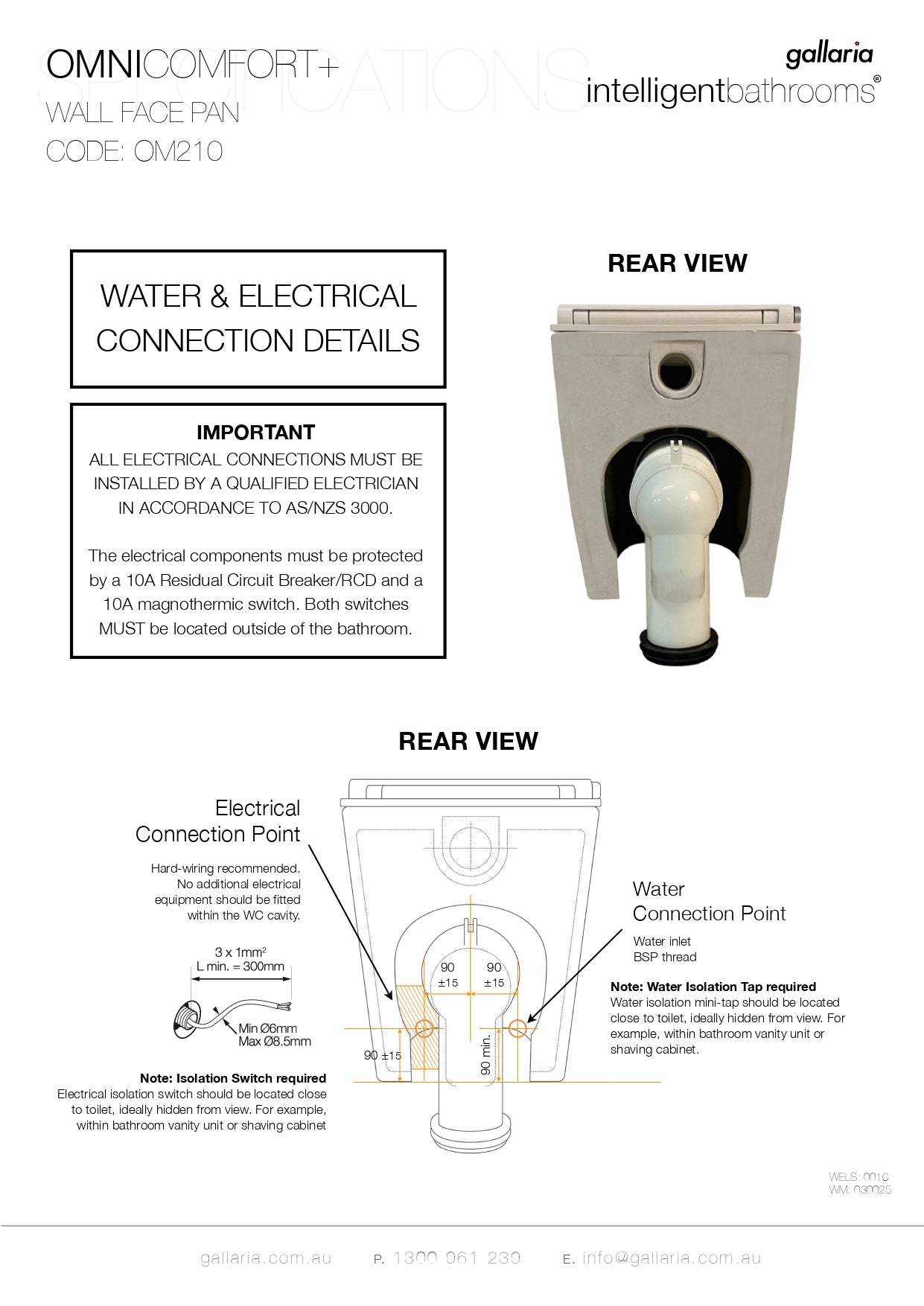 GALLARIA OMNI COMFORT RIMLESS WALL FACE PAN AND REMOTE BIDET PACKAGE GLOSS WHITE