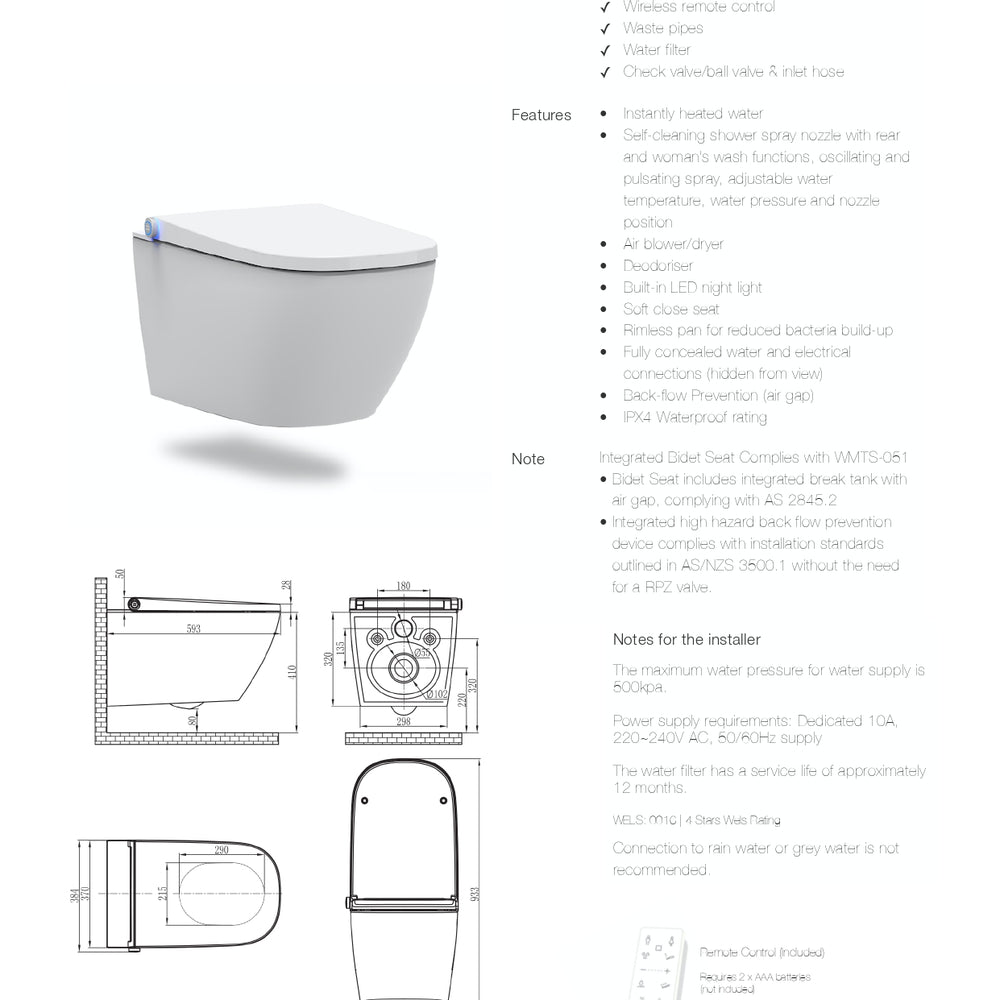 GALLARIA OMNI COMFORT RIMLESS WALL HUNG PAN AND REMOTE BIDET PACKAGE GLOSS WHITE