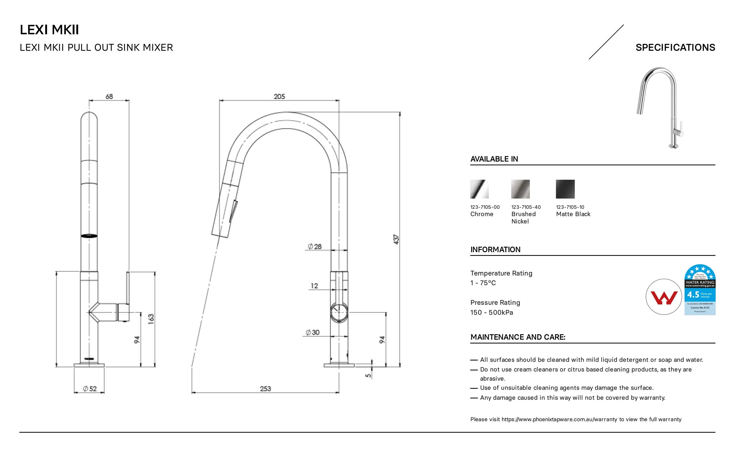 PHOENIX LEXI MKII LEAD FREE PULL OUT SINK MIXER 437MM BRUSHED NICKEL