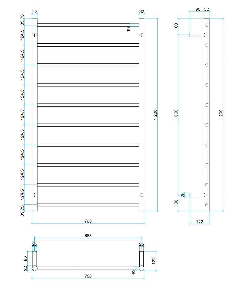 THERMOGROUP STRAIGHT ROUND LADDER HEATED TOWEL RAIL STAINLESS STEEL 1200MM