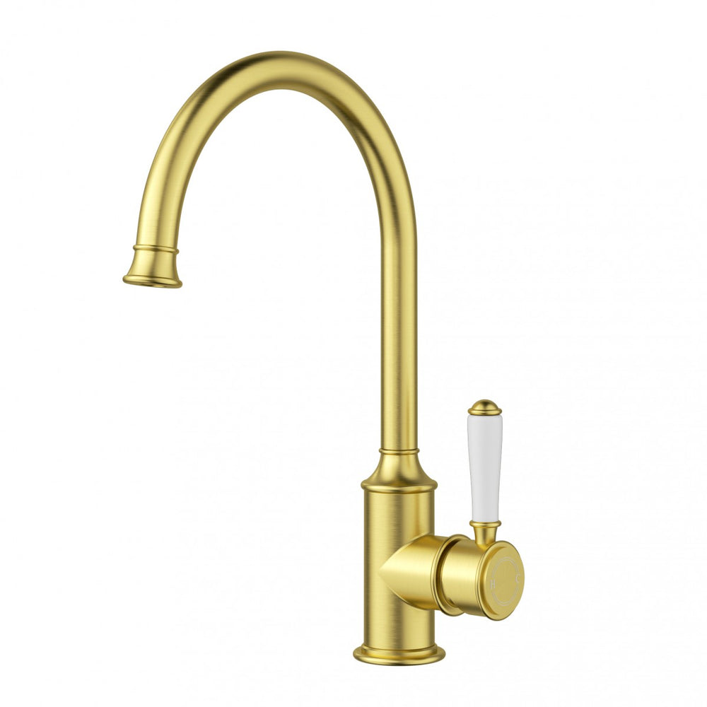 IKON CLASICO LEAD FREE GOOSENECK SINK MIXER 340MM BRUSHED GOLD (CERAMIC HANDLE)