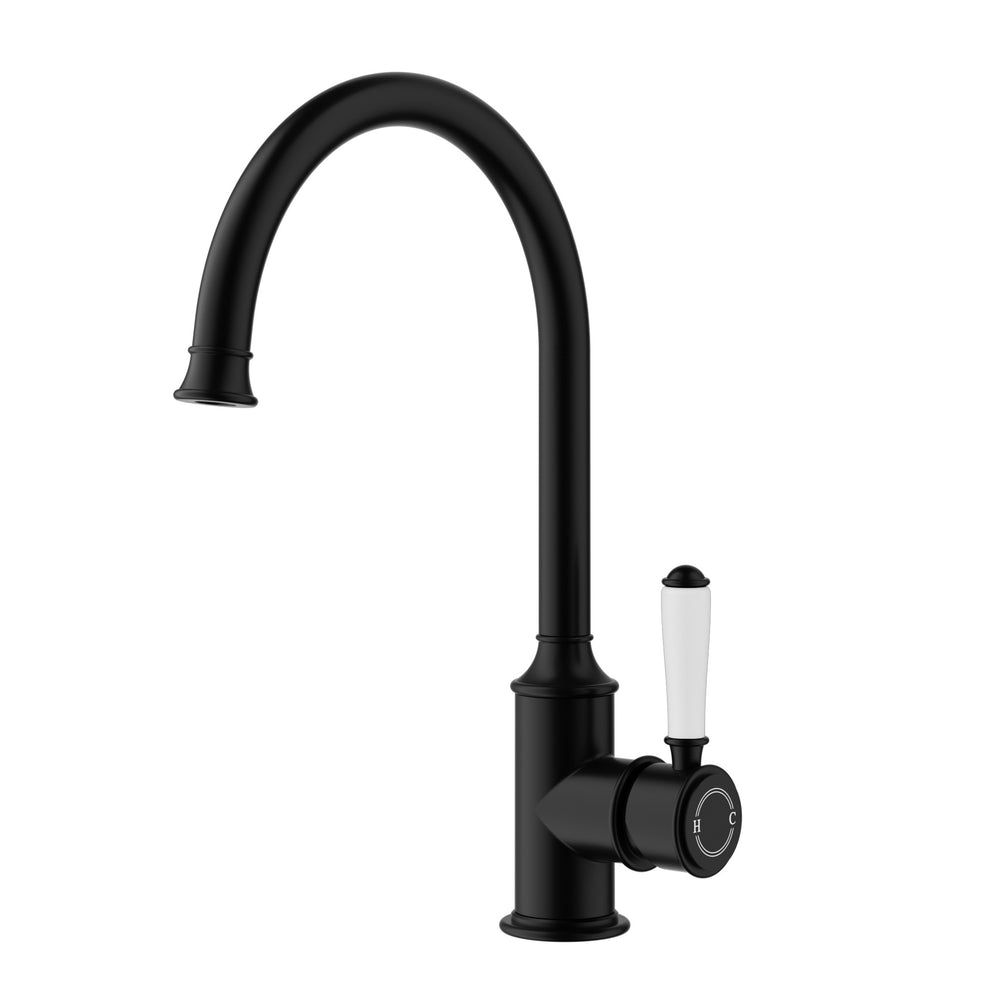 IKON CLASICO LEAD FREE GOOSENECK SINK MIXER 340MM MATTE BLACK (CERAMIC HANDLE)