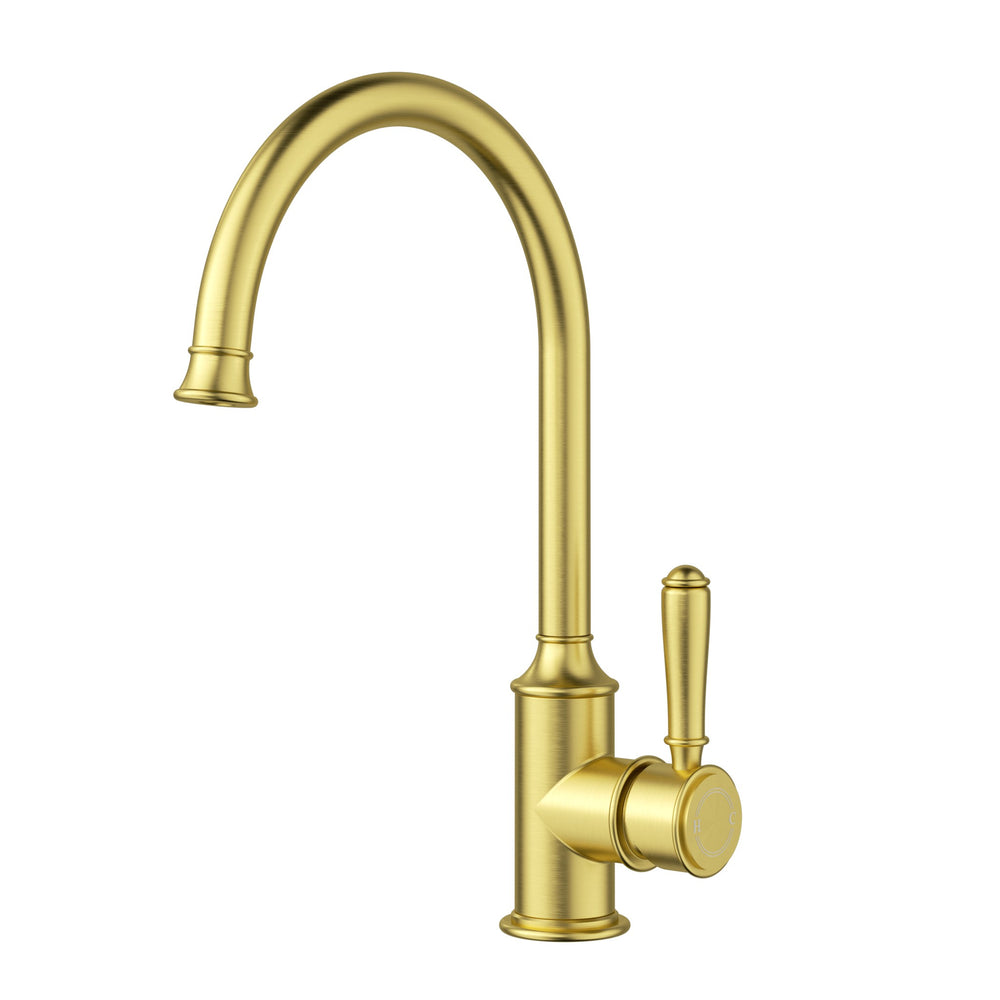 IKON CLASICO LEAD FREE GOOSENECK SINK MIXER 340MM BRUSHED GOLD (BRASS HANDLE)