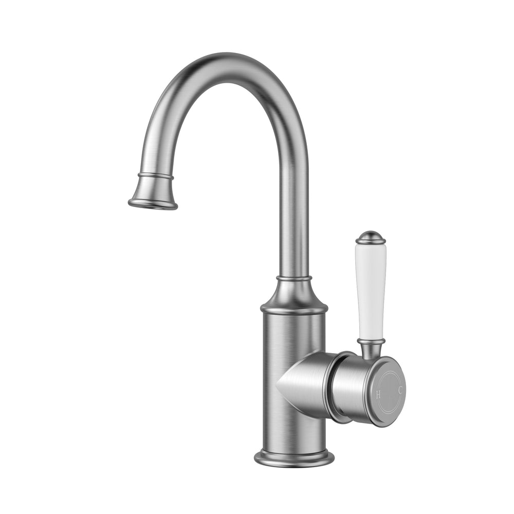 IKON CLASICO LEAD FREE GOOSENECK BASIN MIXER 271MM BRUSHED NICKEL (CERAMIC HANDLE)