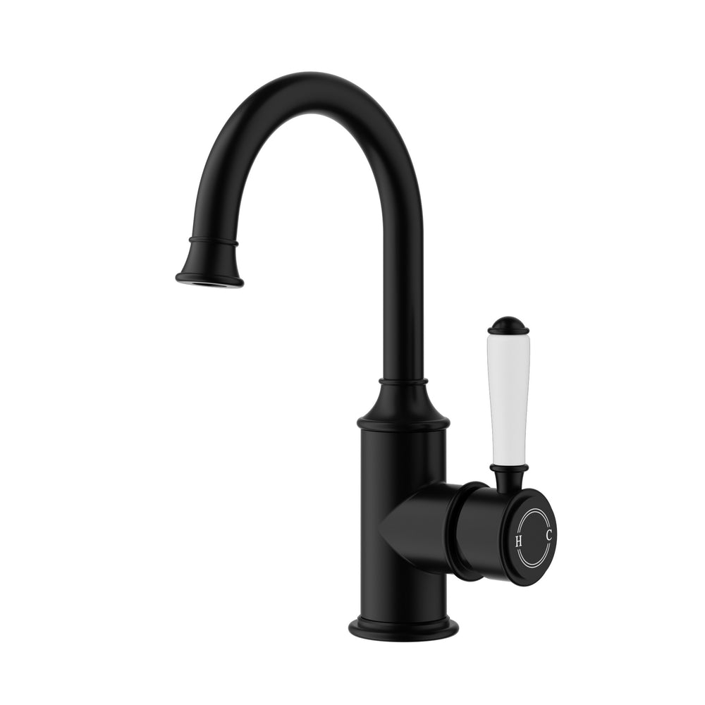 IKON CLASICO LEAD FREE GOOSENECK BASIN MIXER 271MM MATTE BLACK (CERAMIC HANDLE)