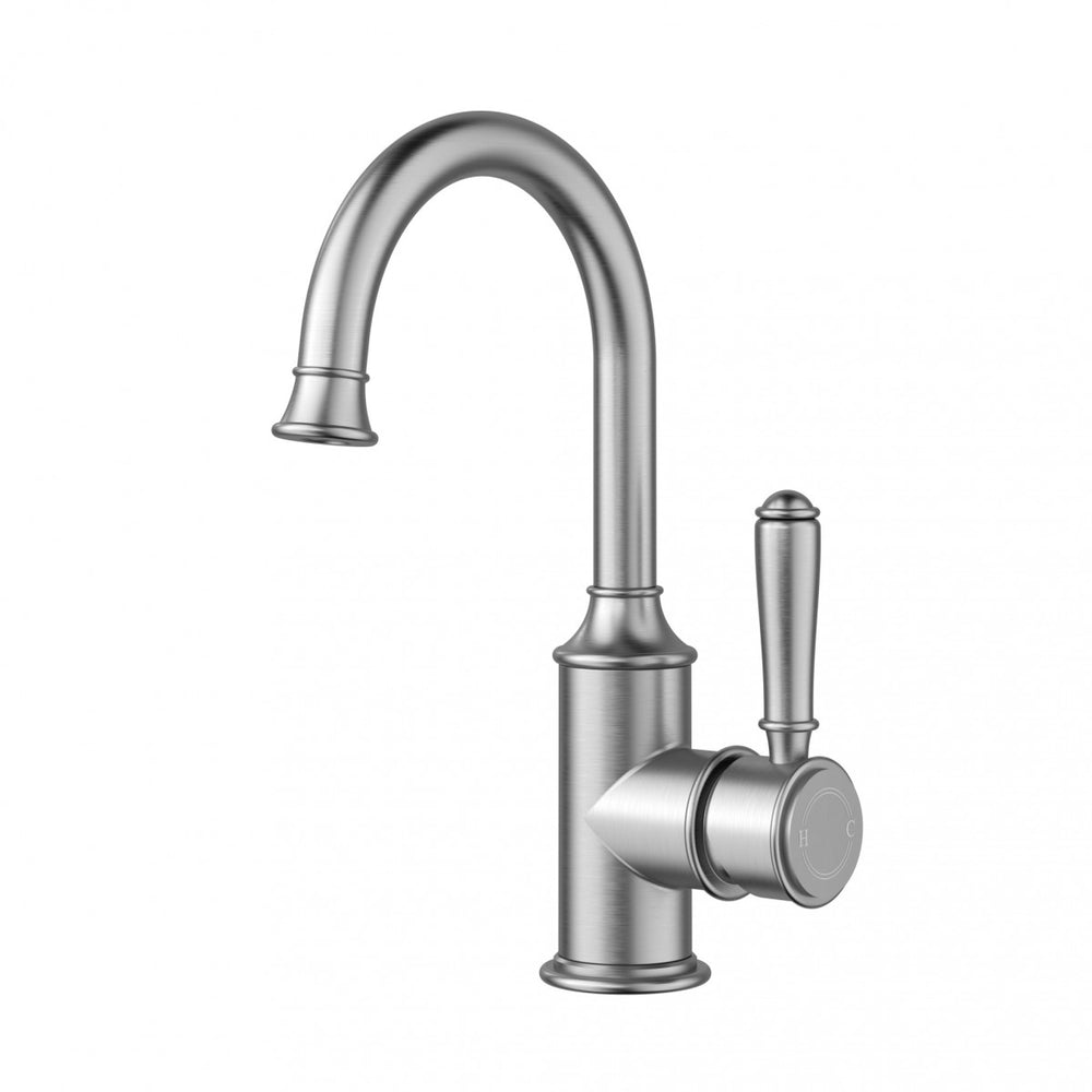 IKON CLASICO LEAD FREE GOOSENECK BASIN MIXER 271MM BRUSHED NICKEL (BRASS HANDLE)