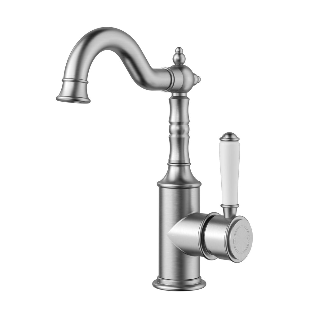 IKON CLASICO LEAD FREE BASIN MIXER 243MM BRUSHED NICKEL (CERAMIC HANDLE)