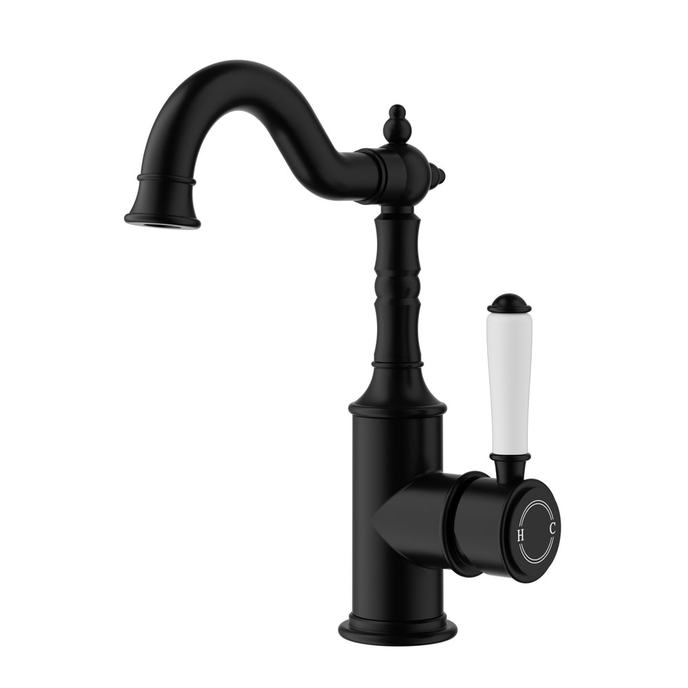 IKON CLASICO BASIN MIXER 243MM MATTE BLACK (CERAMIC HANDLE)