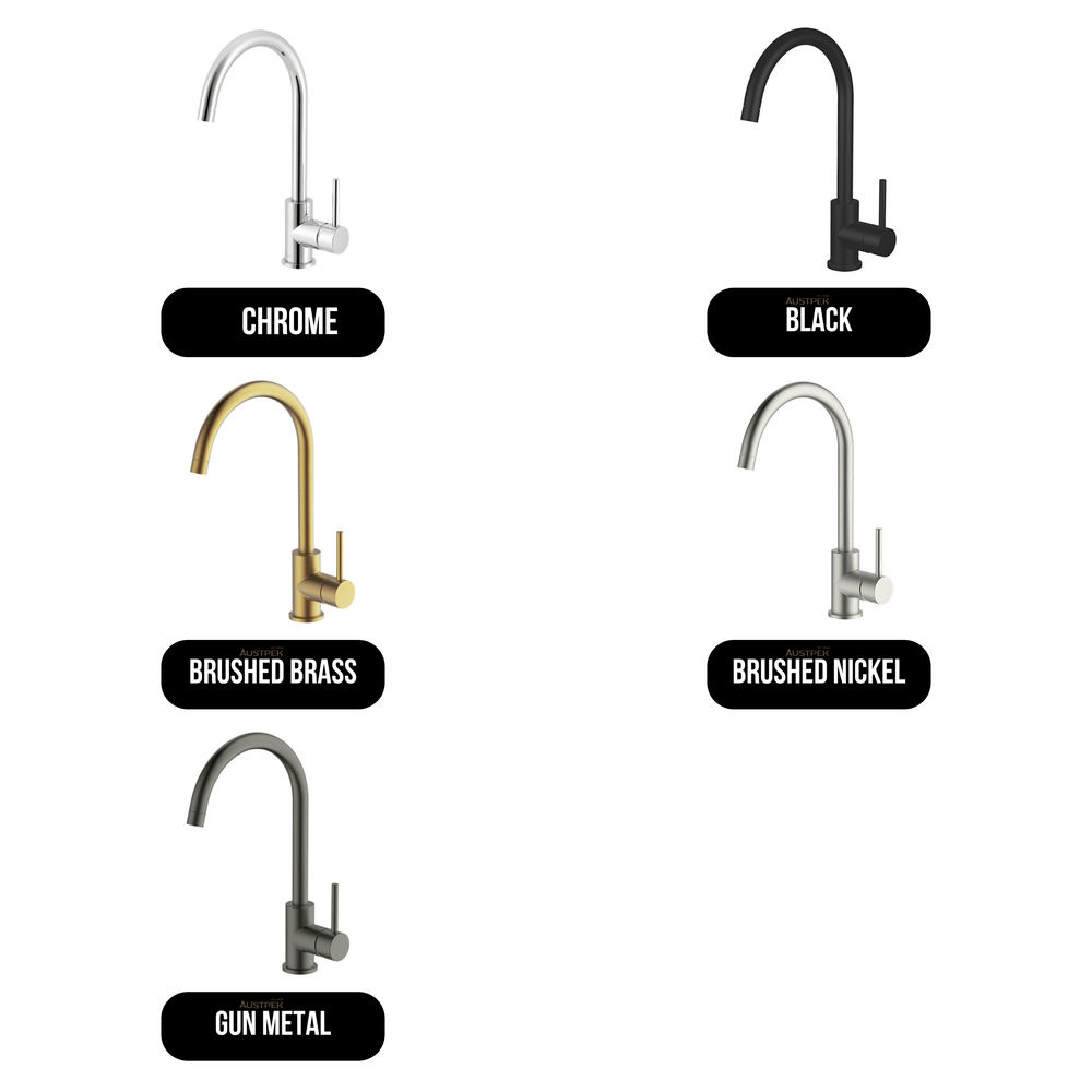 GARETH ASHTON LUCIA GOOSENECK SINK MIXER 377MM - All Finishes (Chrome, Black, Brushed Brass, Brushed Nickel, Gun Metal)