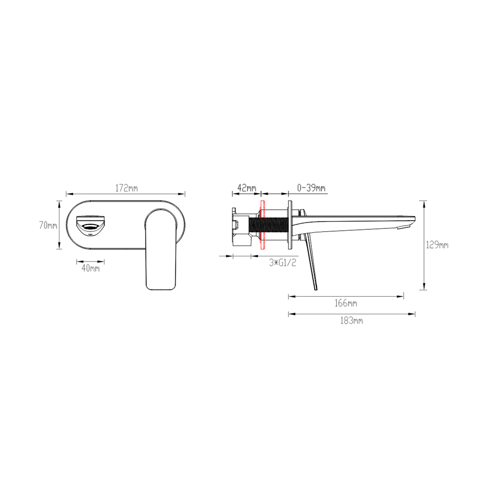 GARETH ASHTON VELA WALL BASIN / BATH MIXER SET 165MM BRUSHED BRASS - technical drawing