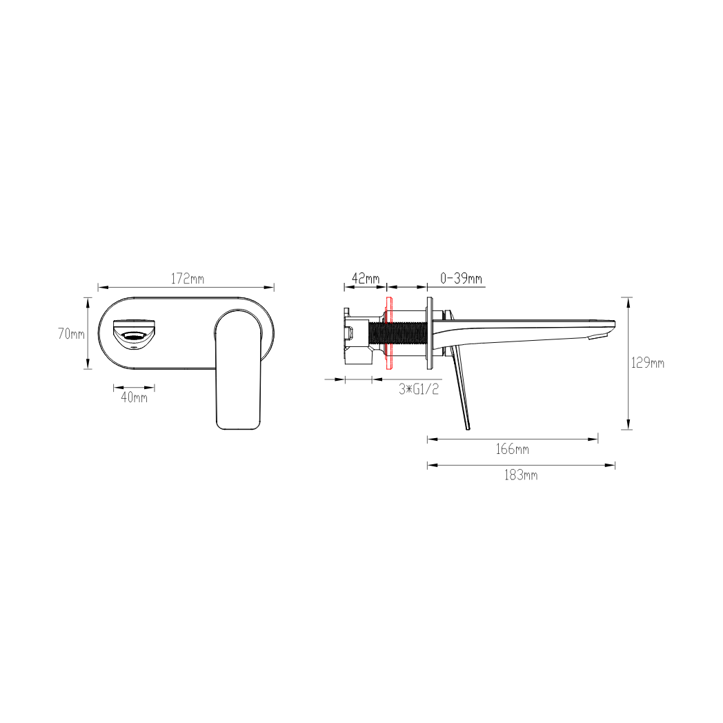 GARETH ASHTON VELA WALL BASIN / BATH MIXER SET 165MM BLACK - technical drawing