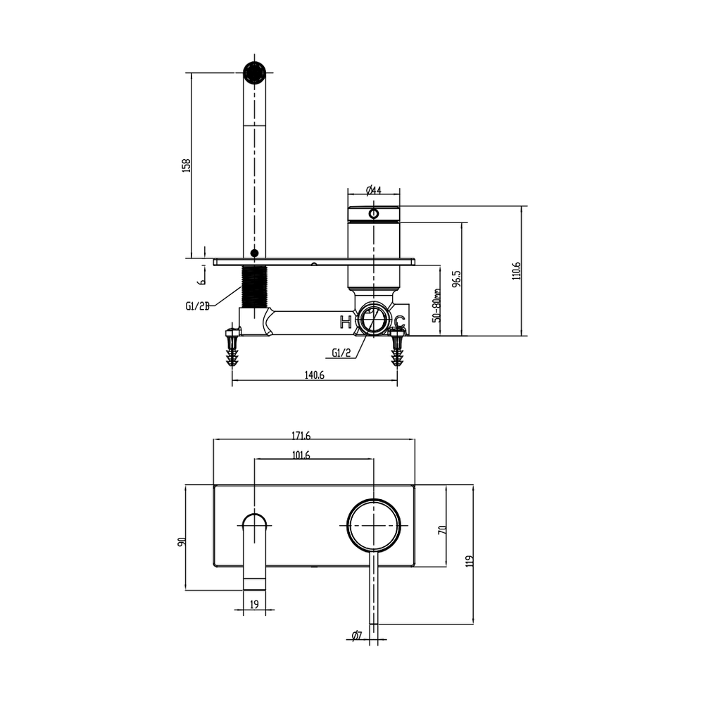 GARETH ASHTON POCO WALL BASIN / BATH MIXER SET 165MM GUN METAL - technical drawing