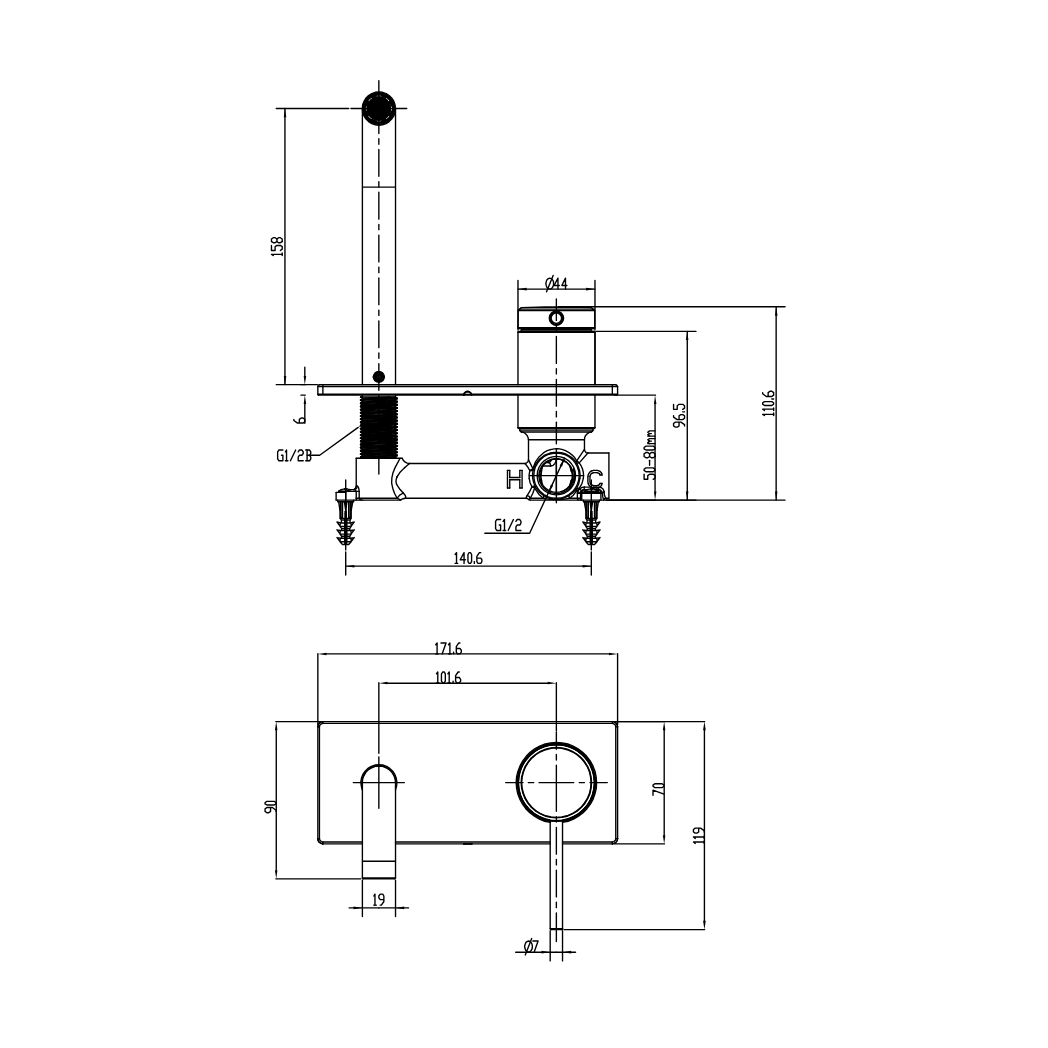 GARETH ASHTON POCO WALL BASIN / BATH MIXER SET 165MM GUN METAL - technical drawing