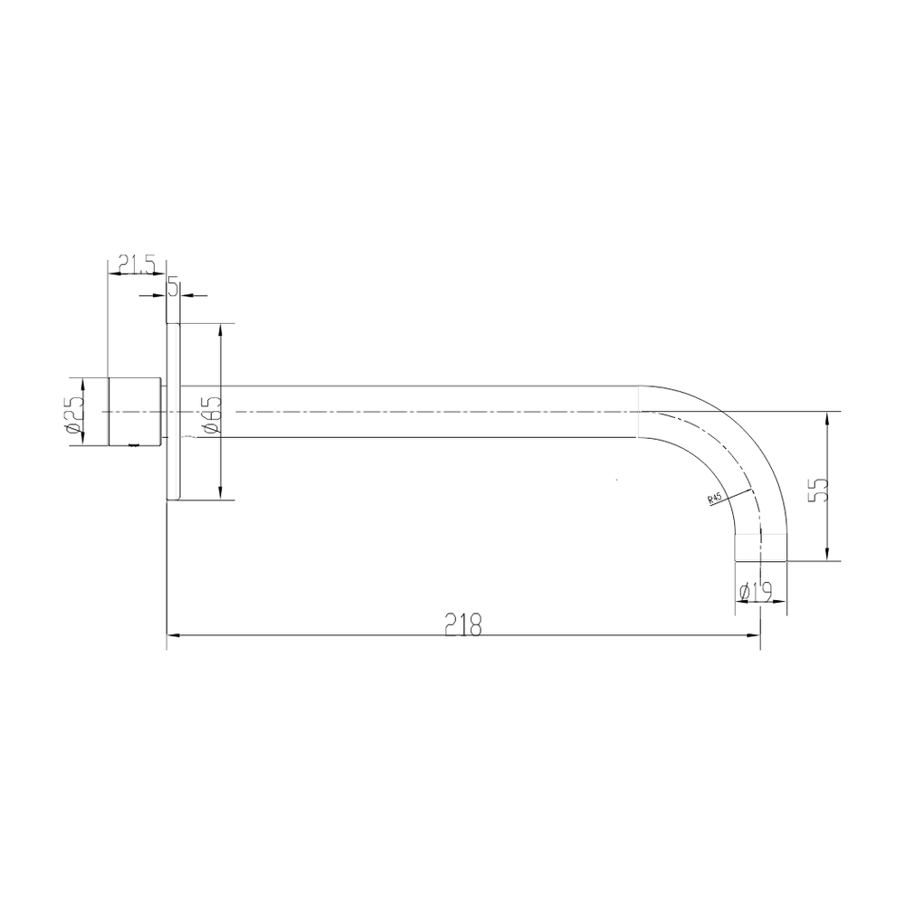 GARETH ASHTON POCO CURVED BASIN / BATH SPOUT 220MM GUN METAL - technical drawing