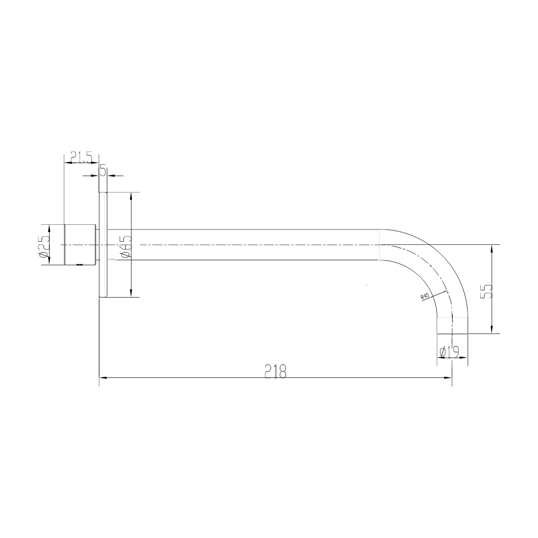 GARETH ASHTON POCO CURVED BASIN / BATH SPOUT 220MM GUN METAL - technical drawing