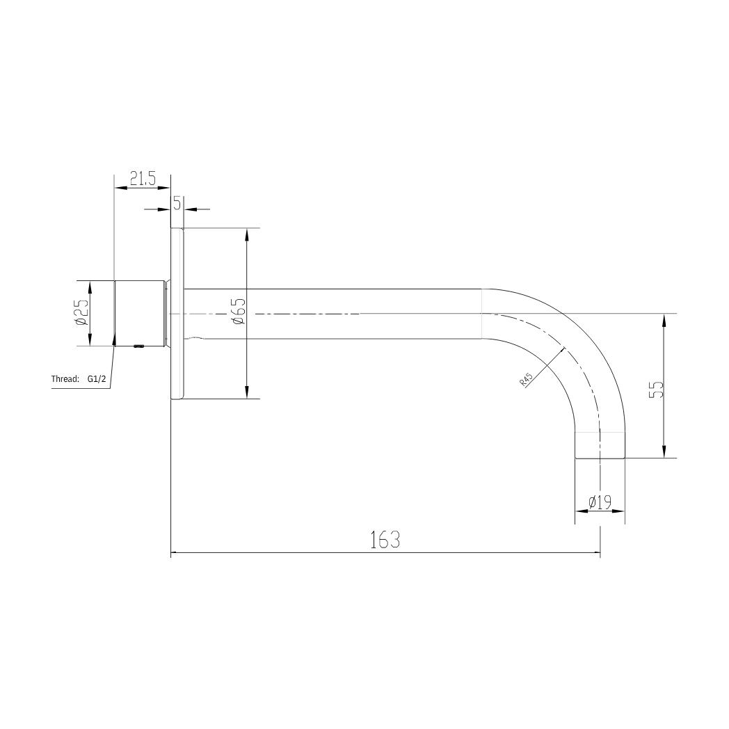 GARETH ASHTON POCO CURVED BASIN / BATH SPOUT 165MM BLACK - technical drawing