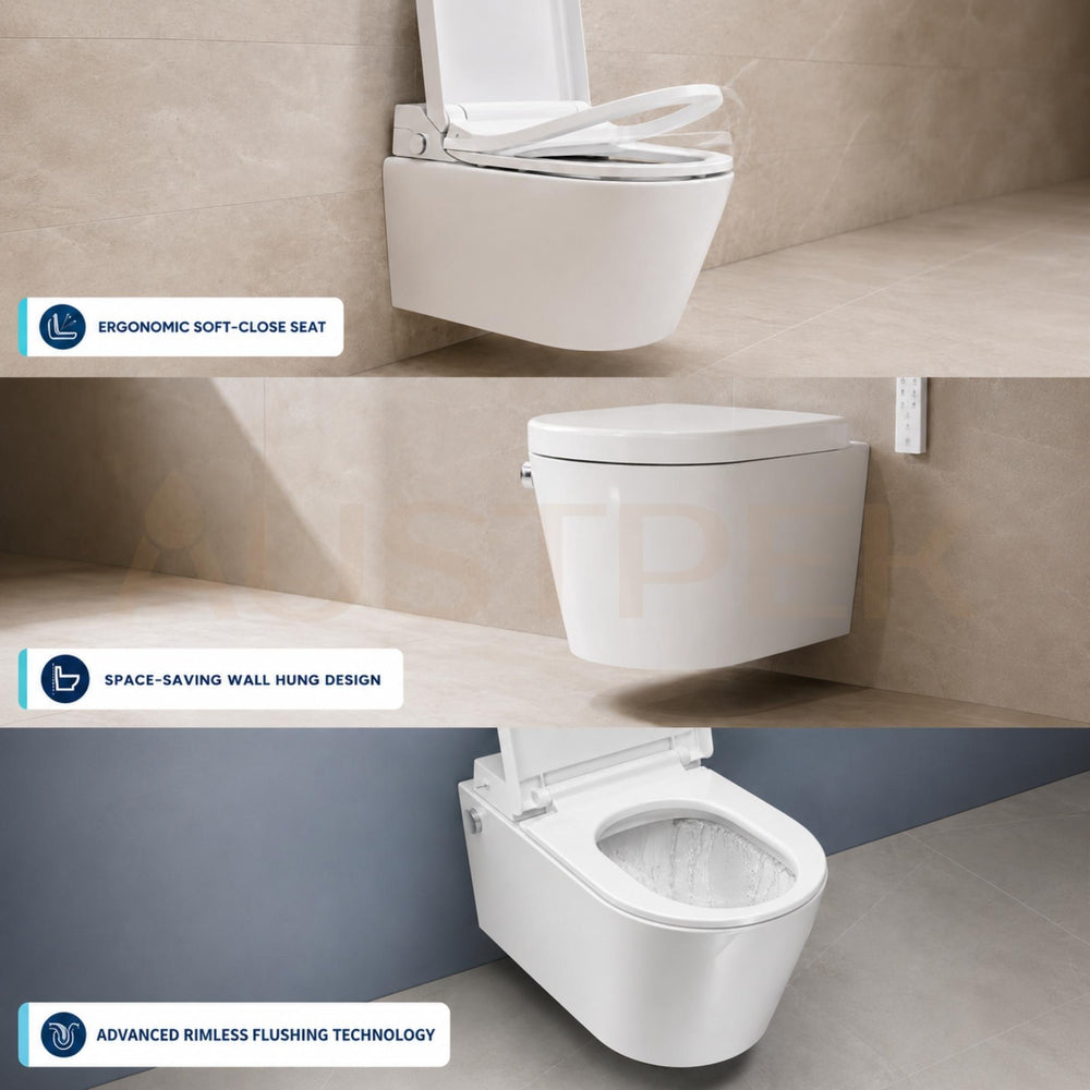 ATTICA GAIA BIDET W/ REMOTE CONTROL AND INSPIRE ALZANO RIMLESS WALL HUNG TOILET PACKAGE D-SHAPE GLOSS WHITE