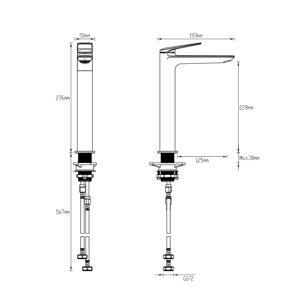 GARETH ASHTON VELA TALL BASIN MIXER BLACK - technical drawing